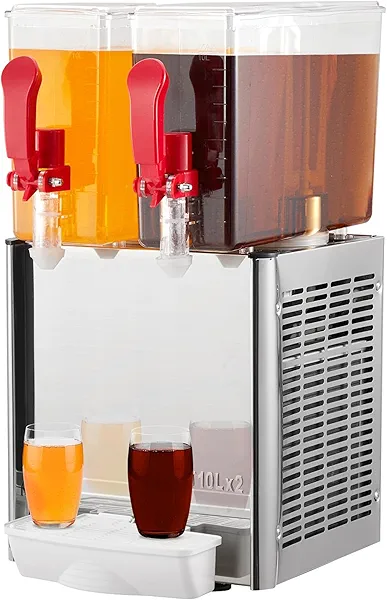 2 x 10L Commercial Beverage Dispenser with Mixer Cooling, Juice Dispenser Thermostat Control Stainless Steel Refrigerated Food Grade Ice Tea Drink Machine 41–53.6°F for Cold Drink Restaurant Bar Party