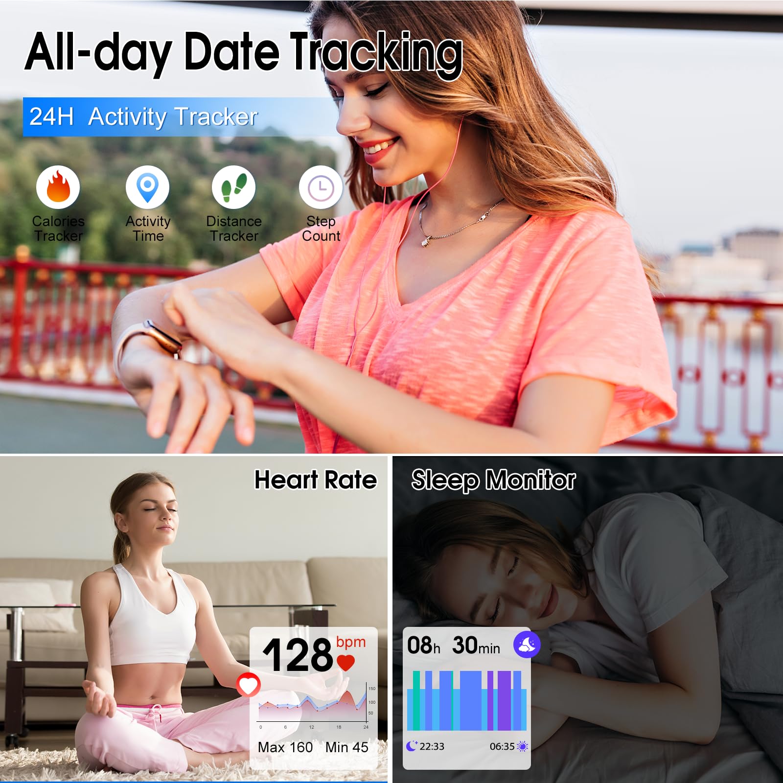 Orologio Smartwatch Uomo Donna, 1.85" HD Smartwatch con funzione chiamata, 113+ Sportive Smart Watch con Contapassi/Sonno/Cardiofrequenzimetro, Impermeabil IP68 Fitness Tracker per iOS Android, Rosa