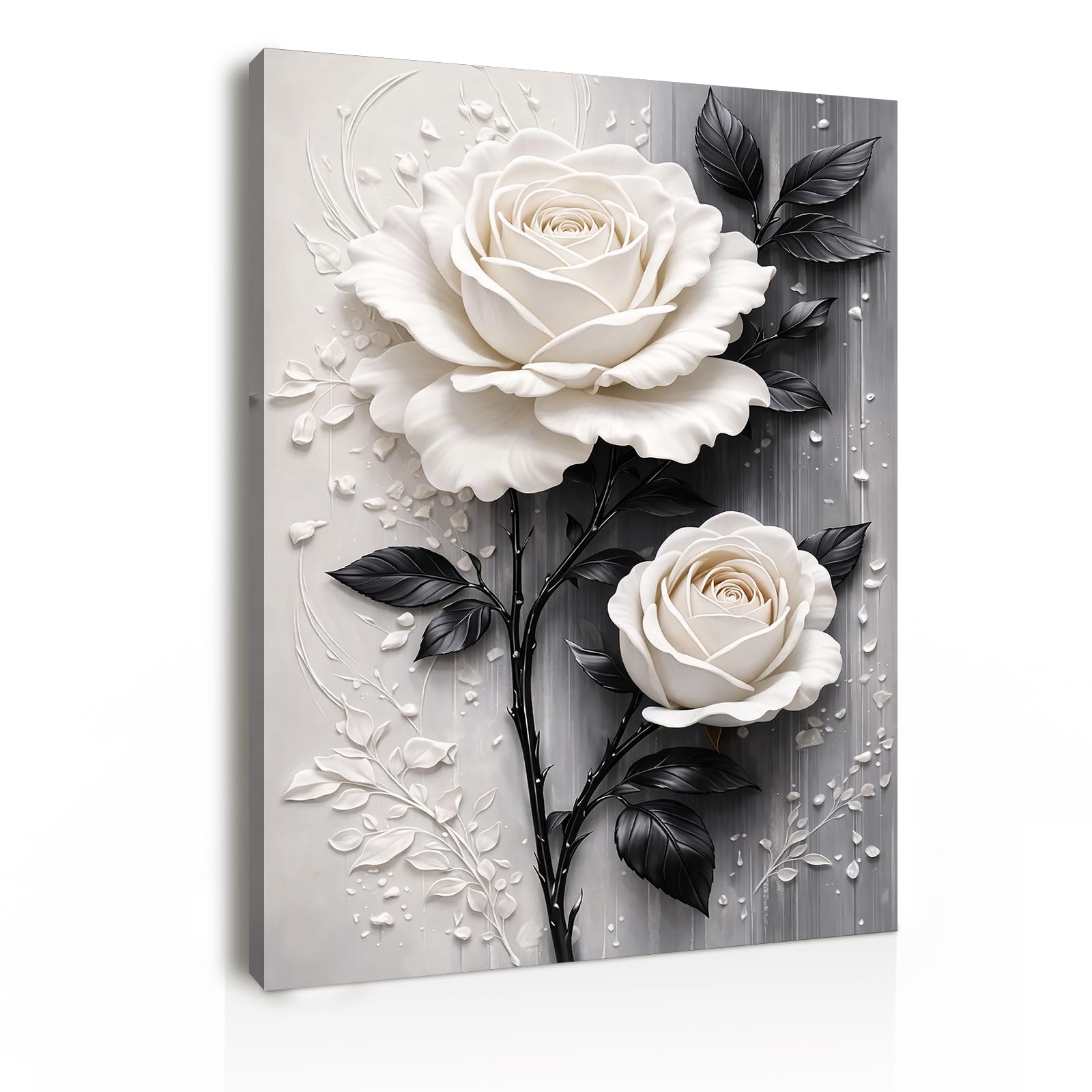 Galmcook Framed Canvas Wall Art 30x40 cm, White Rose Floral Canvas Prints, Black and Grey Wall Decor Picture with Frame for Bedroom Living Room Home Office, with Hook-and-Loop Pads and Hanging Hook
