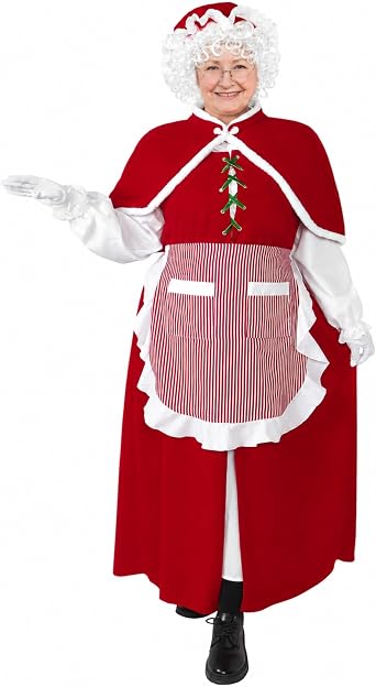 Mrs. Claus Costume Adult Women 8PCS Deluxe Miss Santa Clause Dress | Velvet Christmas Suit Xmas Outfit with Faux Fur Collar, Cloak, Cap, Wigs, Apron, Glasses, Gloves for Party Holiday Cosplay