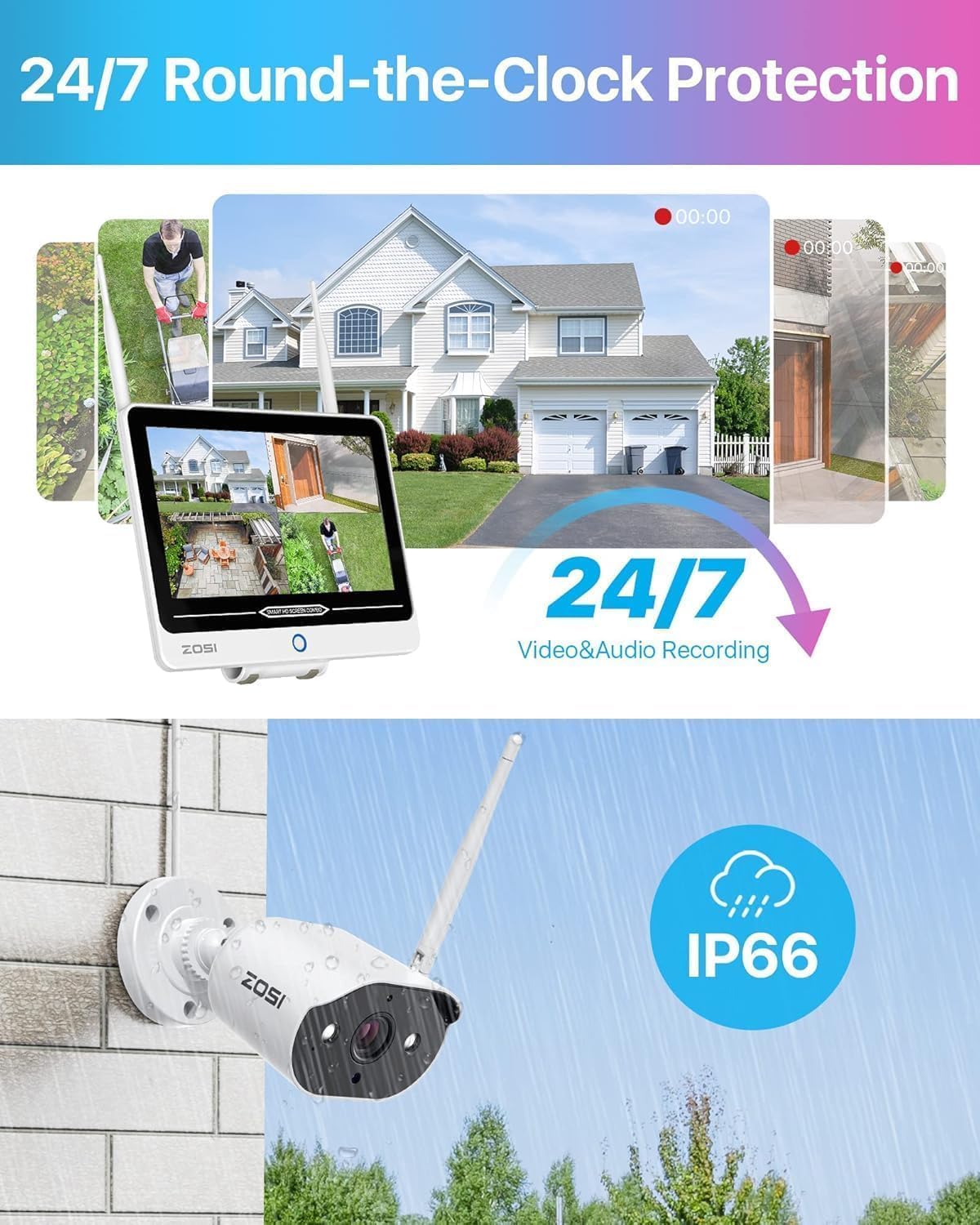 ZOSI 8CH 2K Wi-Fi 6 Security Camera System with 12'' LCD Monitor,4pcs 3MP Plug-in WiFi Cameras Indoor Outdoor,AI Person Detection,Color Night Vision,2 Way Audio,1TB HDD for Home 24/7 Recording