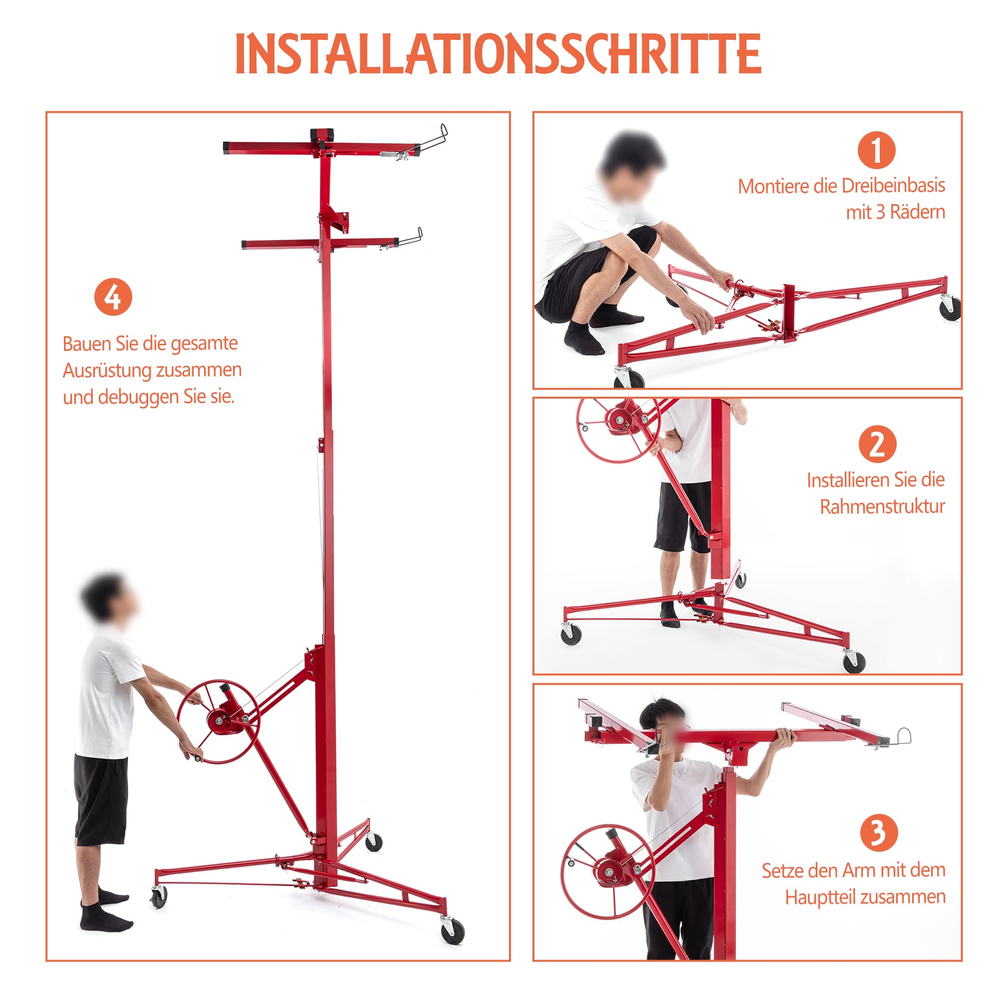 XXL Plattenheber Traglast bis 68 kg Arbeitshöhe 140-350 cm Max. Breite 2,90 m, 1-Mann-Bedienung Trockenbau Montagehilfe Mit 3 Bremse-Rädern für Innenausbau Rot