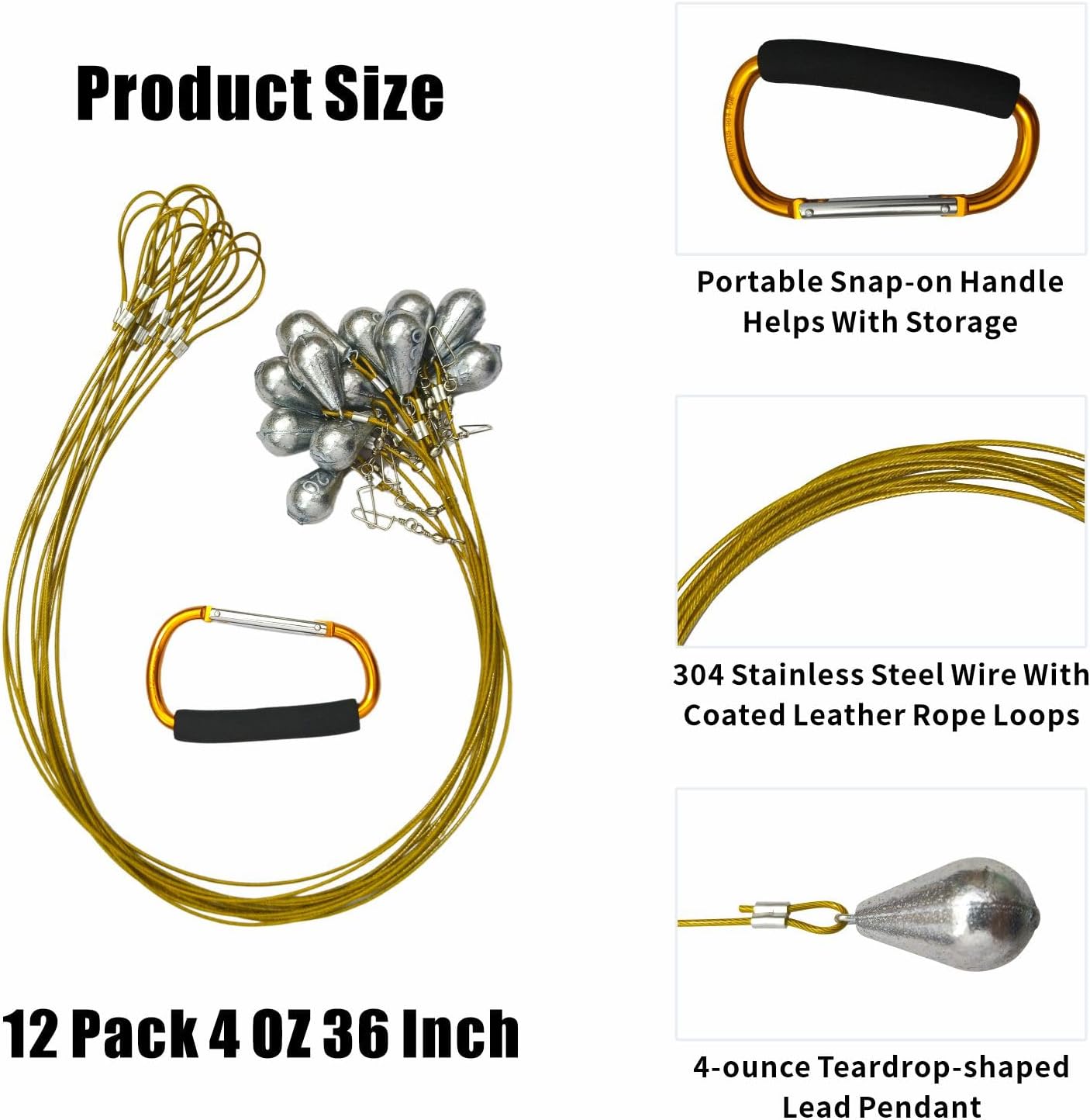 Texas Duck Decoy Weights, 12-piece Set of 36-inch Non-entangling Weight Duck Hunting Bait with Golden Handle Buckles, Suitable for Outdoor Duck catching and Waterfowl Hunting competitions