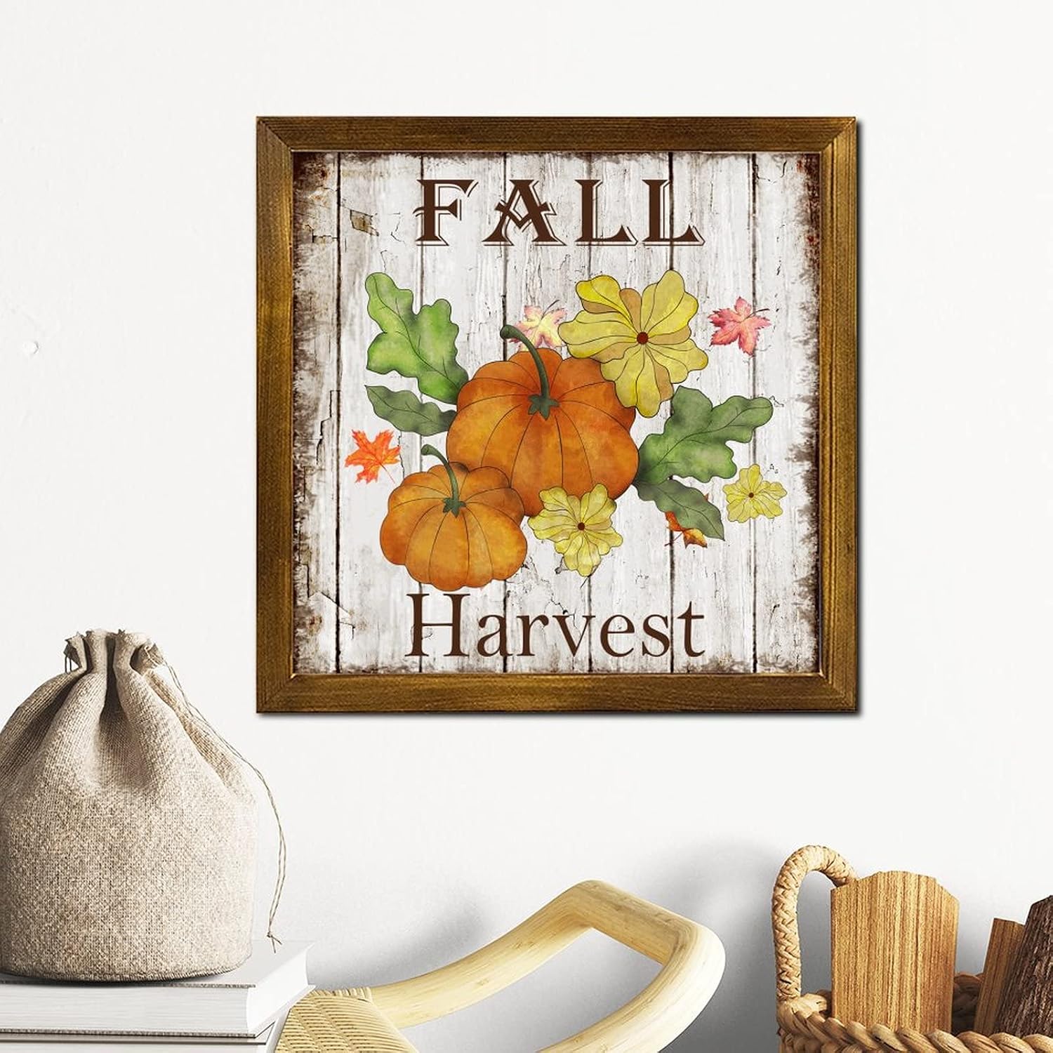 Fall Harvest Framed Wood Sign Pumpkin Flower Maple Leaves Wood Hanging Sign Farmhouse Autumn Harvest Wood Home Wall Decorative for Home Laundry Room Kitchen Bedroom 12x12 inch