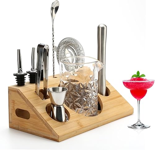 Juego de vasos mezcladores de cristal para cóctel con soporte de bambú, kit de camarero de 10 piezas con herramientas de accesorios de barra, vaso