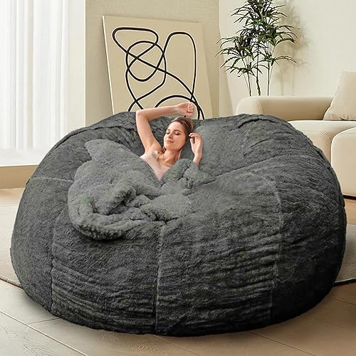 HDMLDP Bean Bag Chair for Adults Kids Without Filler Fluffy Comfy Giant Round Beanbag Sofa Chair Cover for Stuffed Animal Storage Living Room, 5FT, Dark Grey - 5FT - Dark Grey