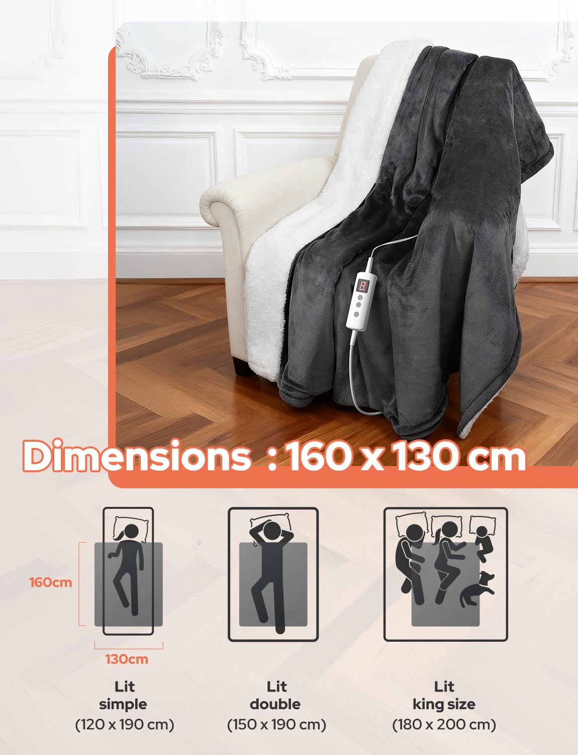 Couverture Chauffante Électrique 10 Niveaux de Température Minuterie 9H Protection Surchauffe Arrêt Automatique Lavable en Machine pour Maison et Bureau (Gris Foncé, 160x130 cm)