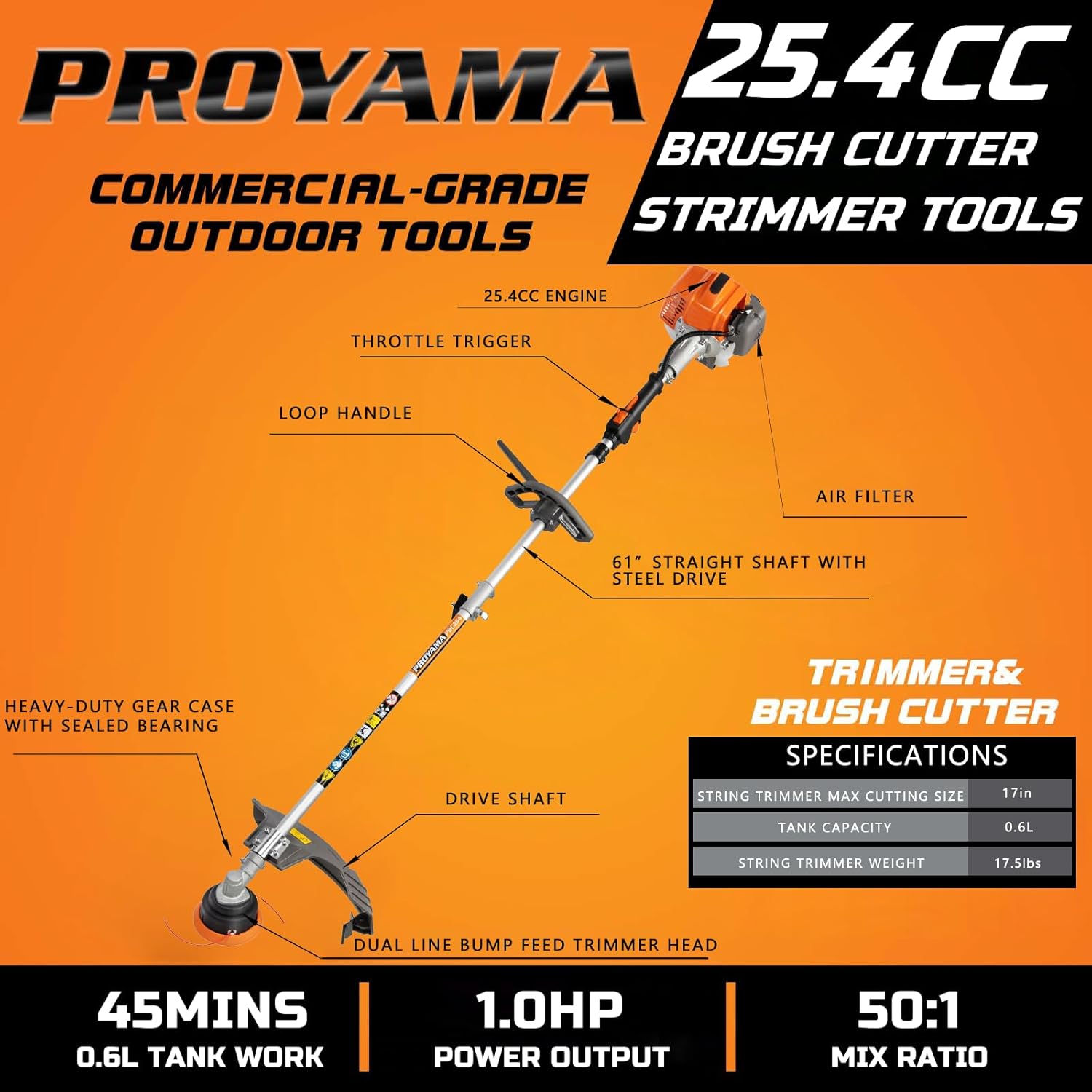 PROYAMA 25.4CC Gas Weed Wacker Eater, 2-Cycle Powerful Brush Cutter, String Trimmer with Easy Spool Trimmer Head, 17in Cutting Path with 40T Alloy Blade & Shoulder Straps for Yard Garden Care
