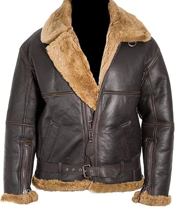 SpazeUp Mens Faux Fur Shearling Sheepskin Leather Jacket | RAF Aviator Flight Pilot B3 Bomber Jacket Men Shearling Coat