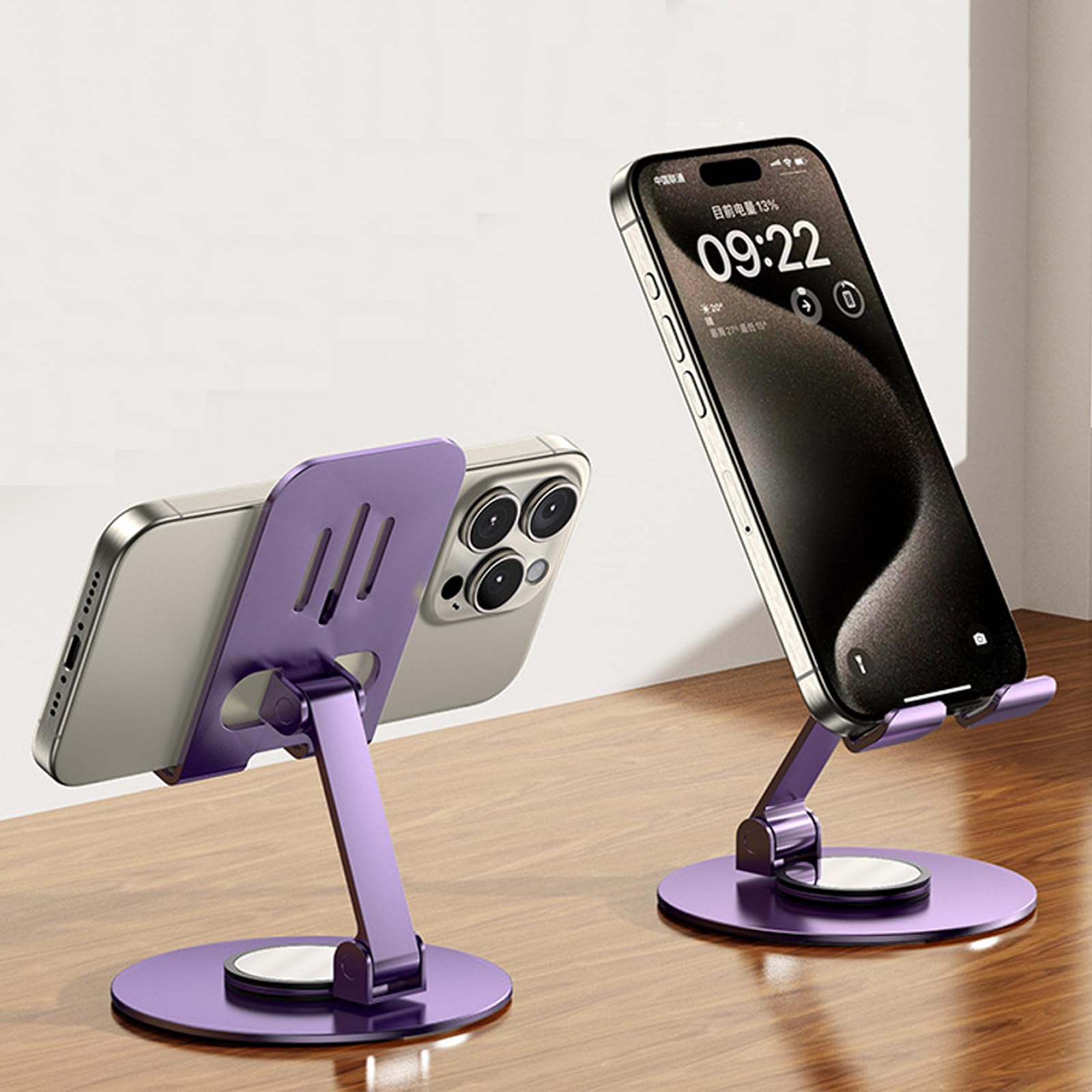 DEARART Purple Cell Phone Stand, 360° Adjustable Phone Stand for Desk, Foldable Phone Holder Fully Carried Easily, Disc Base