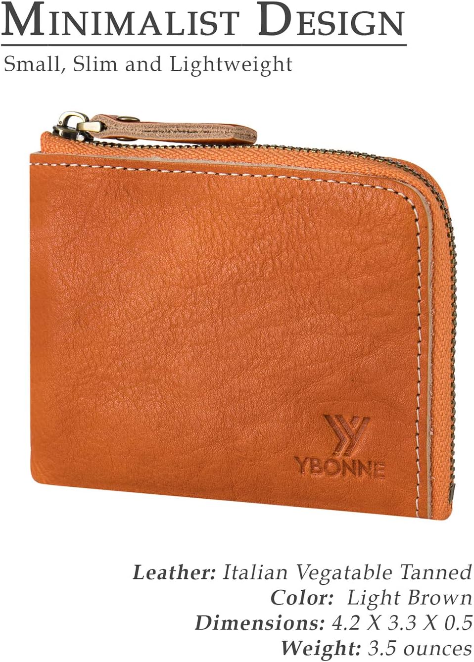 YBONNE Small Mini Corner Zip Wristlet Wallet for Men and Women, Handmade with Italian Vegetable Tanned Leather (Light Brown)