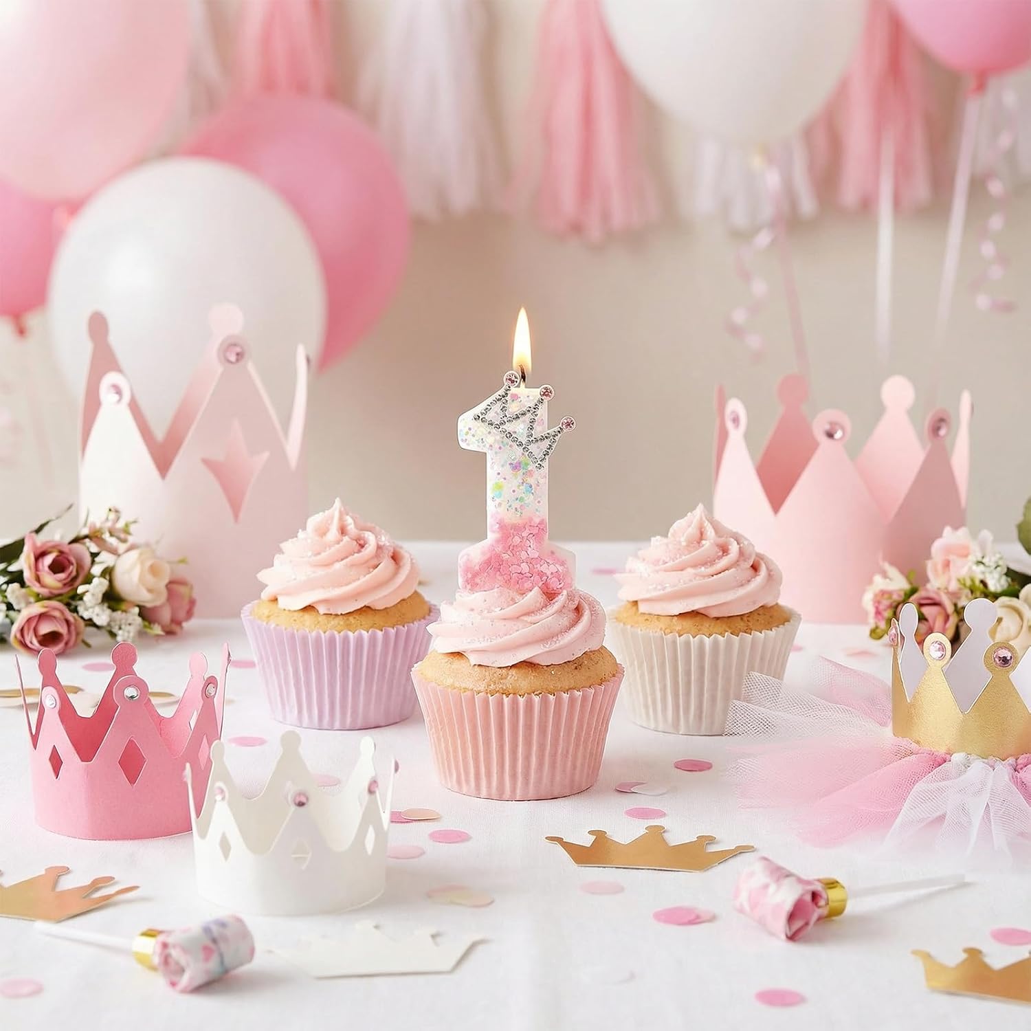 Crown Number 1 Candle for Cake, Pink Crown 1st Birthday Cake Topper, Princess Birthday Party Decorations, Anniversary Celebrations Party Supplies
