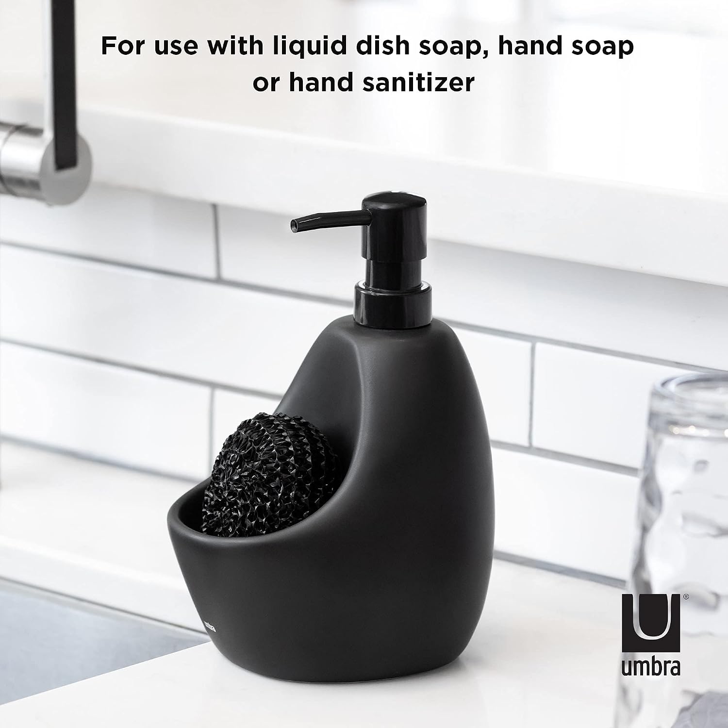 Umbra Joey, Matte Ceramic Liquid Soap Dispenser with Sponge Caddy, Ideal for Kitchen or Bathroom Use, Black
