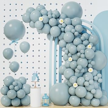 140Pcs Dusty Baby Blue Balloon Arch Garland Kit,Slate Fog Baby Blue 5/10/12/18 Inch Balloons for Men Boy Baby Shower Bridal Shower Birthday Party Decorations