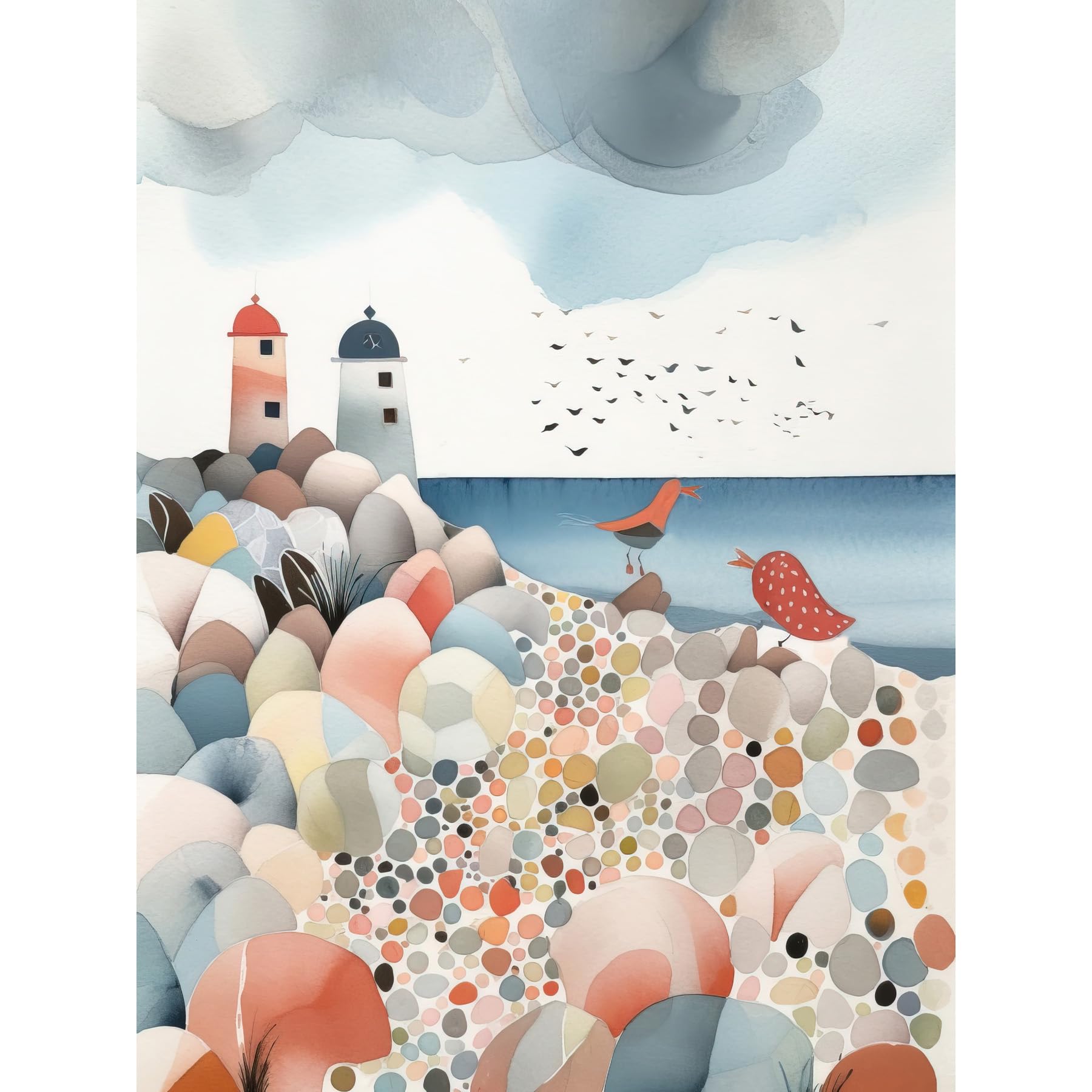 Artery8 Lighthouses On Multicoloured Pebble Beach Watercolour Painting Extra Large XL Wall Art Poster Print
