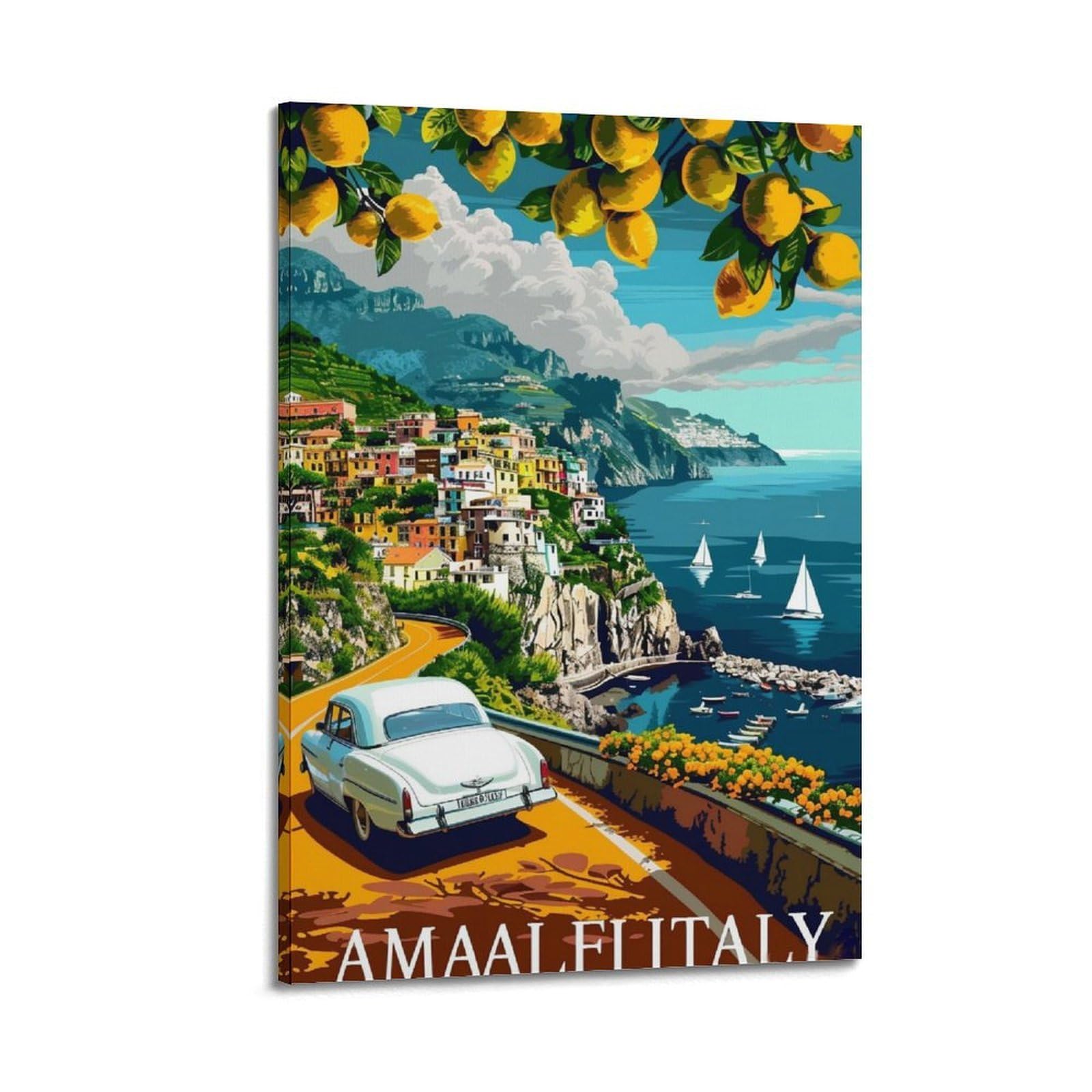HUERYRYHY Amalfi Coast Italy Lemon Travel Poster Aesthetic Wall Art Painting Decor Vintage Canvas for Living Room Bed Room 12x18inch(30x45cm) Frame-style