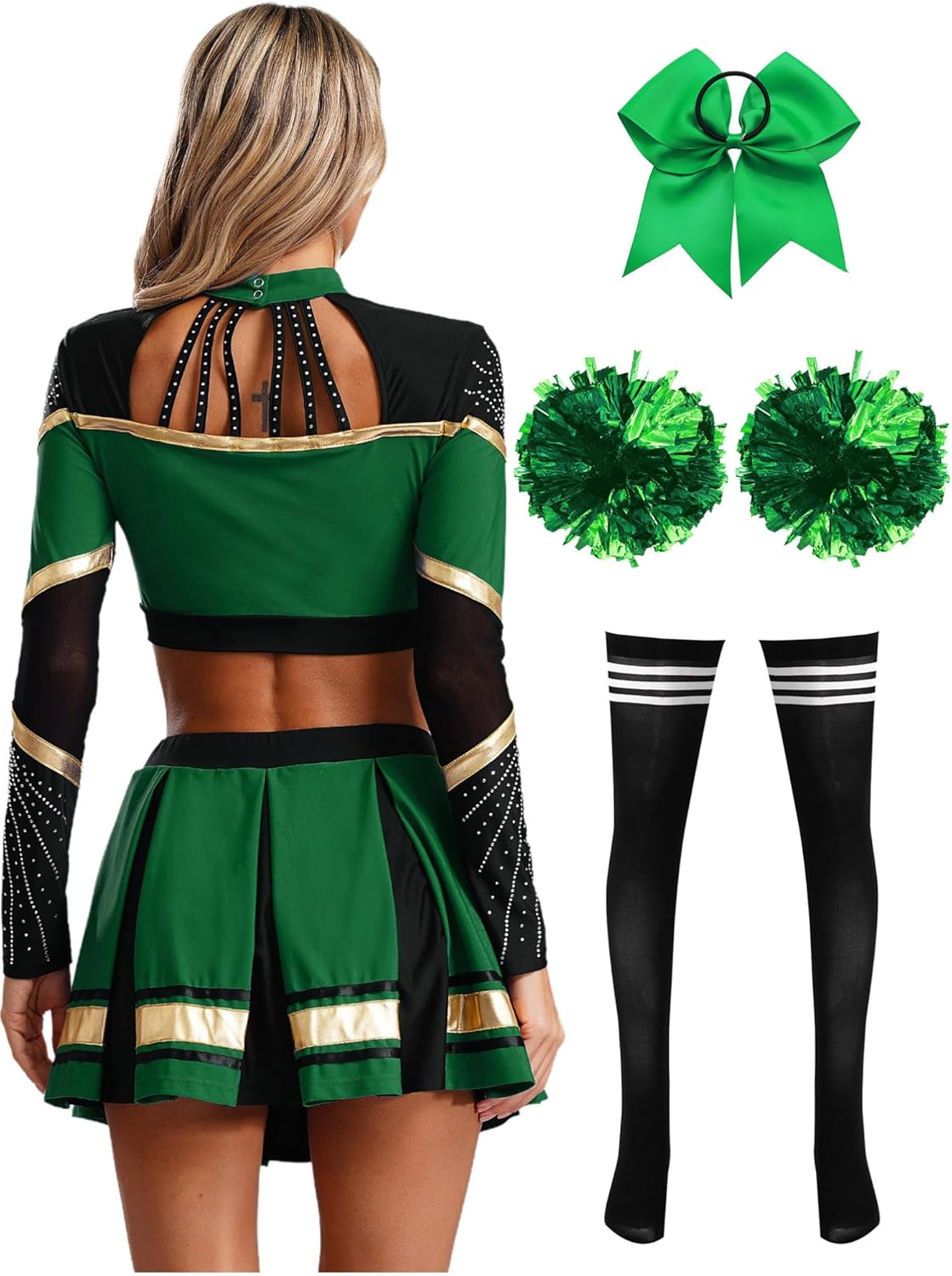 dPois Women's Cheer Leader Uniform Dress Up Rhinestones Cheerleading Crop Top with Skirts