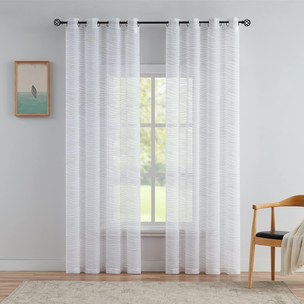 Enactex White Embroidery Sheer Curtain with Beige Wave Pattern 95 Inches Long for Living Room, Modern Design Light Filter Textured Drapes Grommet Window Treatment for Bedroom, 2 Panels