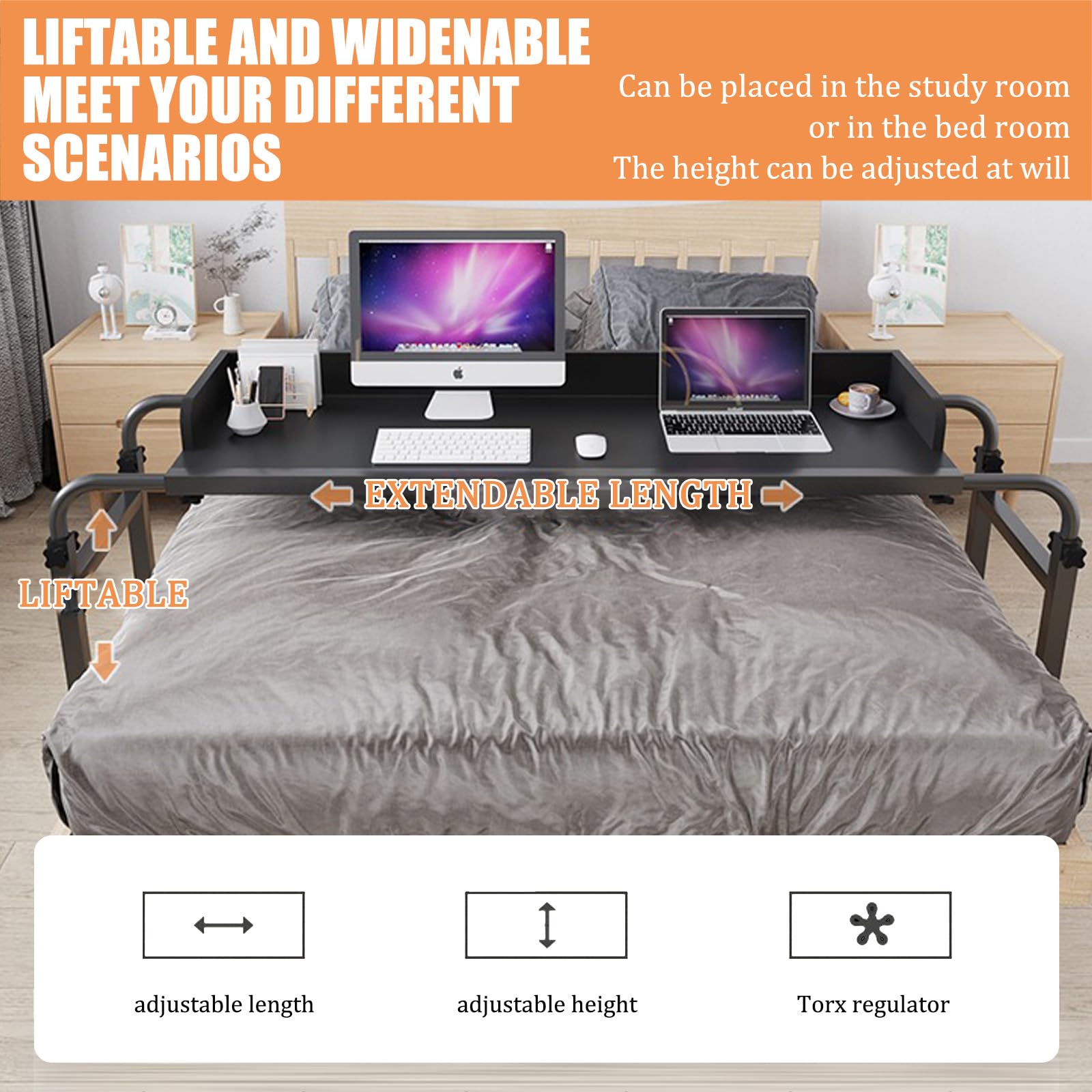 LINLIUA Scrivania servitore, tavolino da letto, tavolino servitore con ruote, scrivania mobile per computer Carrello per laptop, tavolino servitore regolabile in altezza, con ruote a 360°