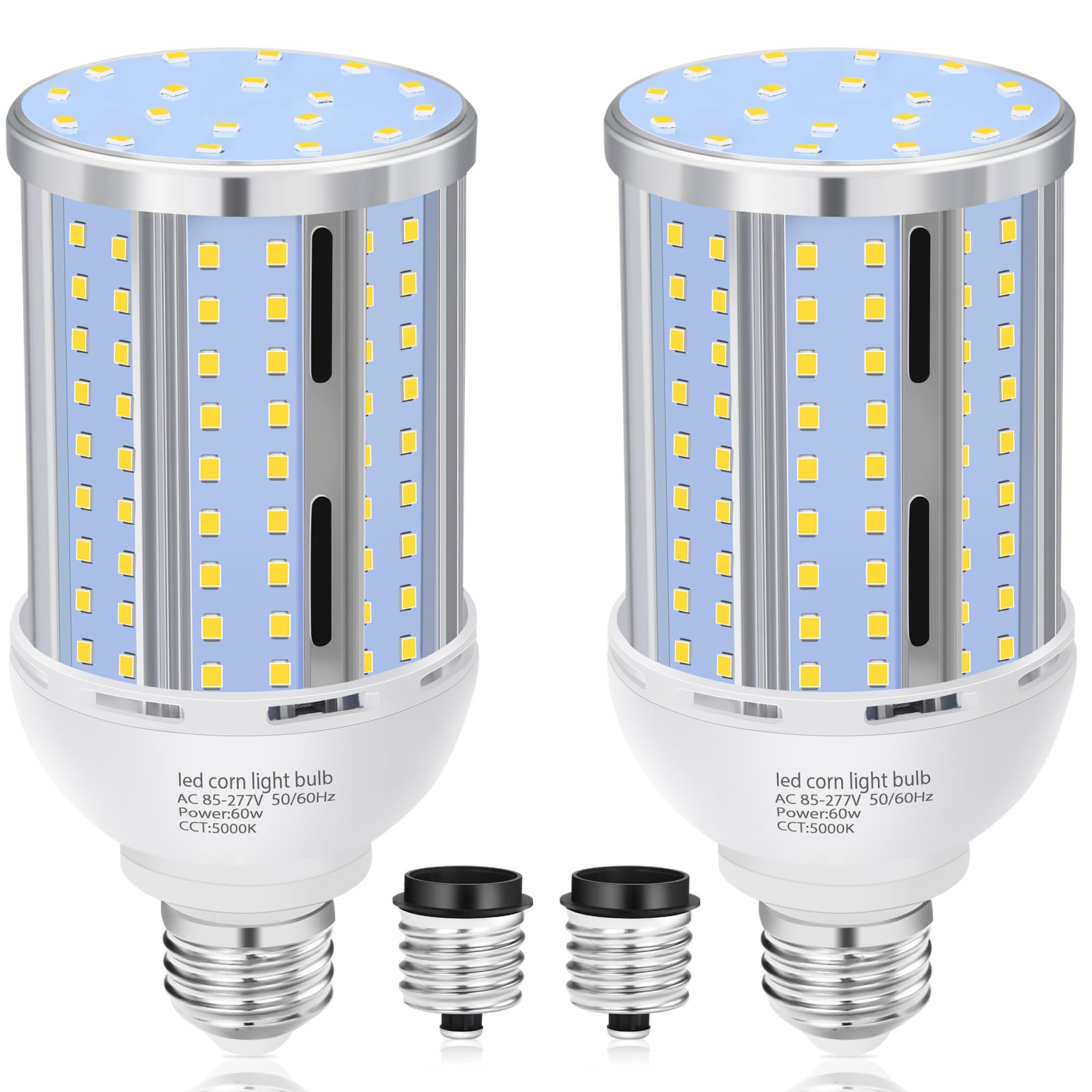 Bombilla LED de maíz de 60 W (paquete de 2), (equivalente a 600 vatios) sin ventilador E26/E39 mediano/grande, base de mogul LED, lámpara de mazorca de 5000 K, luz diurna 6.900 lm, para exteriores