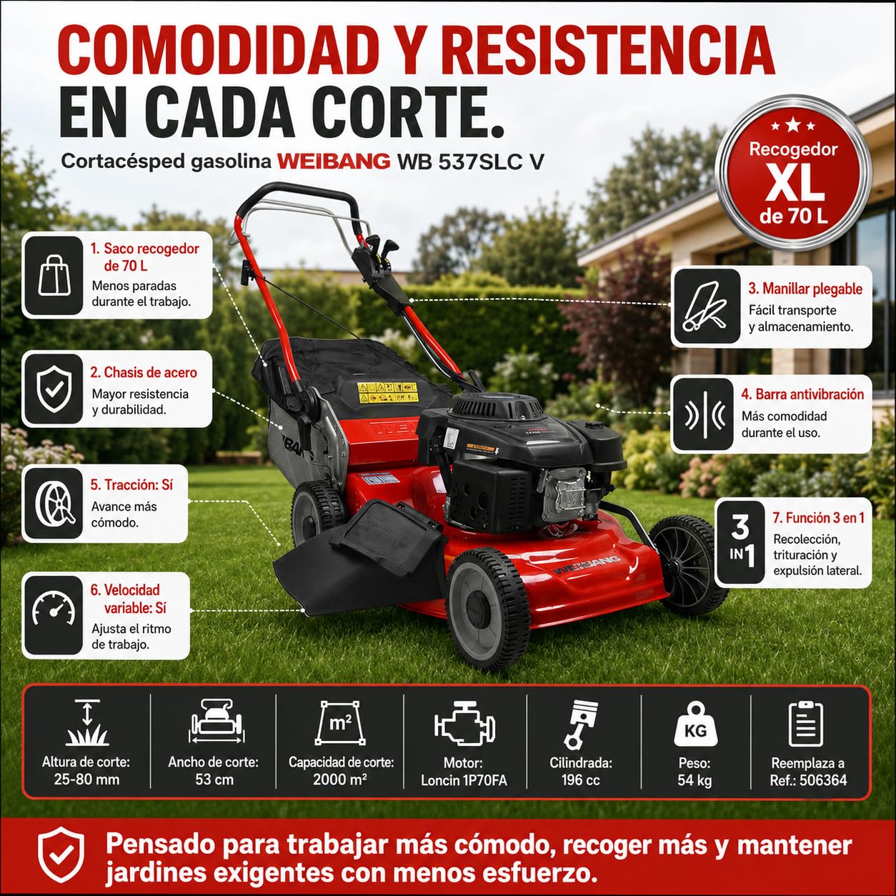 WEIBANG Cortacésped a Gasolina WB 537SLC V, Motor Loncin 196 CC, Corte 53 cm, Tracción Variable, Función 3 en 1, Saco 70 l
