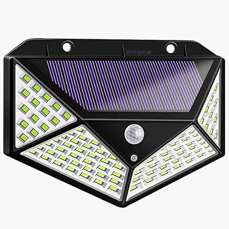 BRITSPEAR 600Lm Solar Lights Outdoor 100 LED Solar Security Light with Waterproof Wall Light Solar Powered and 3 Modes for Outdoor 1200mAh