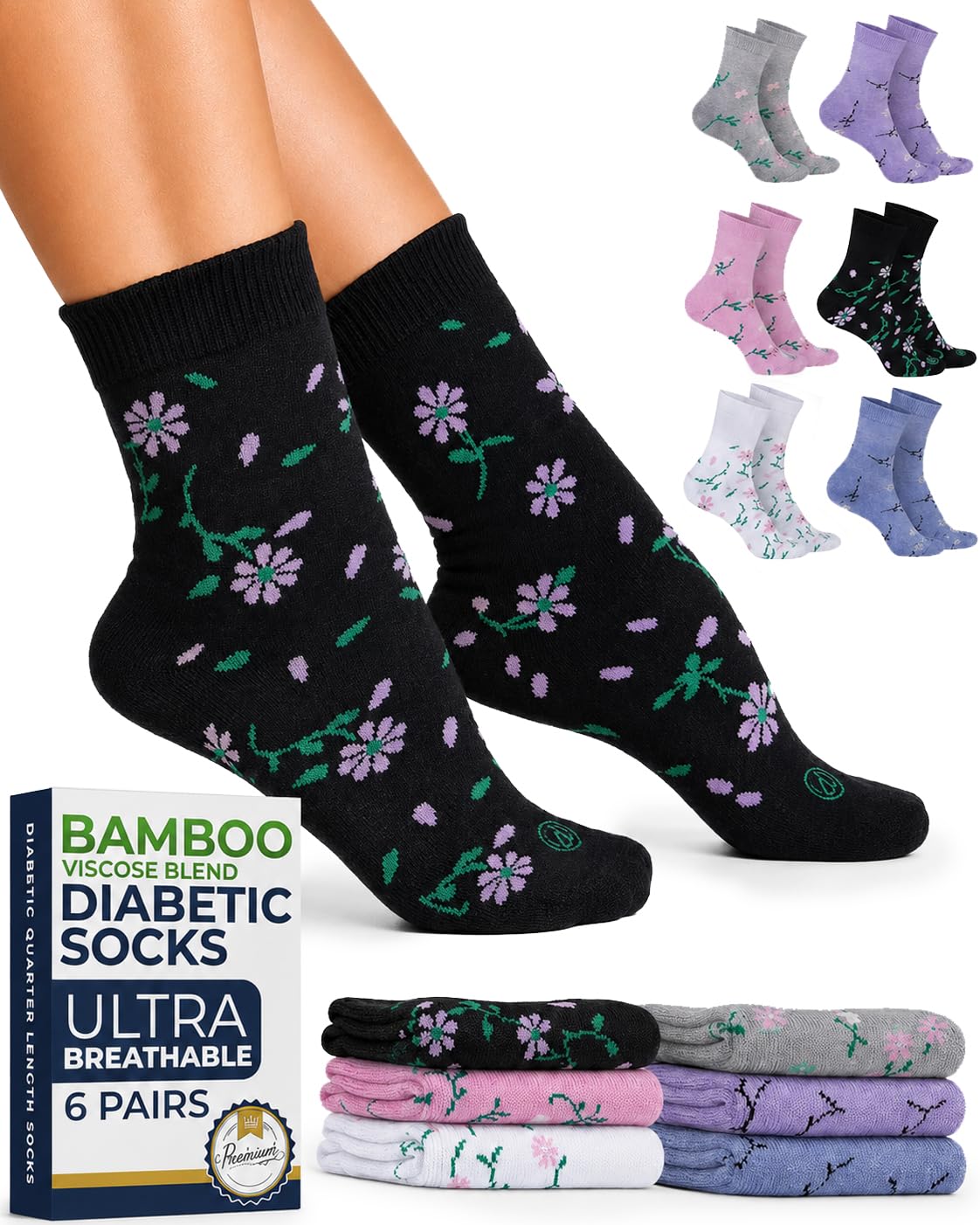 Pembrook® Bamboo Viscose Diabetic Socks for Women and Men - 6 Pairs