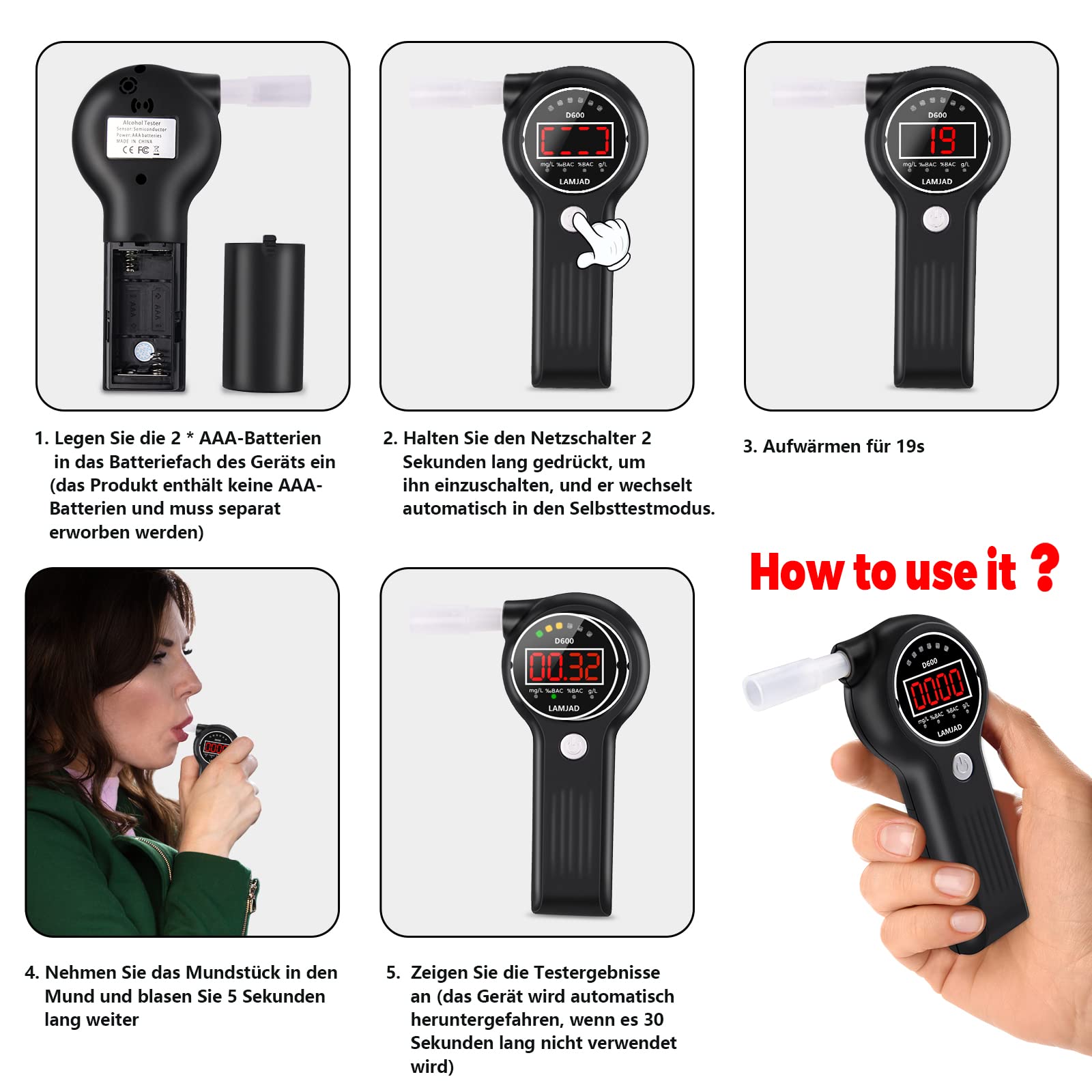 Professioneller Alkoholtester Mit 10 Mundstücken - Digitale LCD Anzeige, 0.01% Genauigkeit