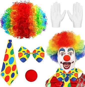 Kit Accessoires Costume Clown 5 Pièces - Perruque + Nez + Cravate + Gants + Autocollants Pour Carnaval Et Halloween