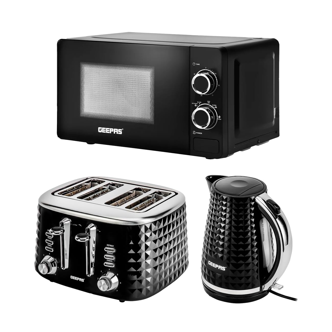 GEEPAS Electric Kettle 4 Slice Bread Toaster & Microwave Kitchen Set | 2200W 1.7L Textured Cordless Kettle | 1750W Toaster with 7 Level Browning Control | 700W Solo Manual Dial Microwave 20L | Black