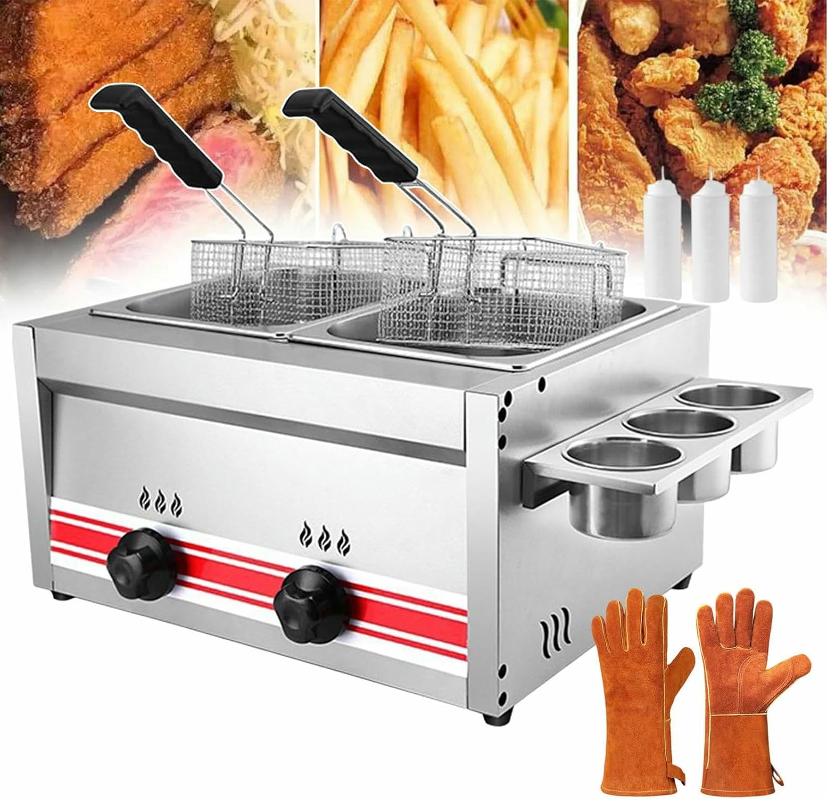 Freidora Comercial de 20 l, freidora eléctrica de Doble Tanque, freidora de Acero Inoxidable con Tapa y cestas, Olla freidora eléctrica para Uso doméstico y Comercial~/