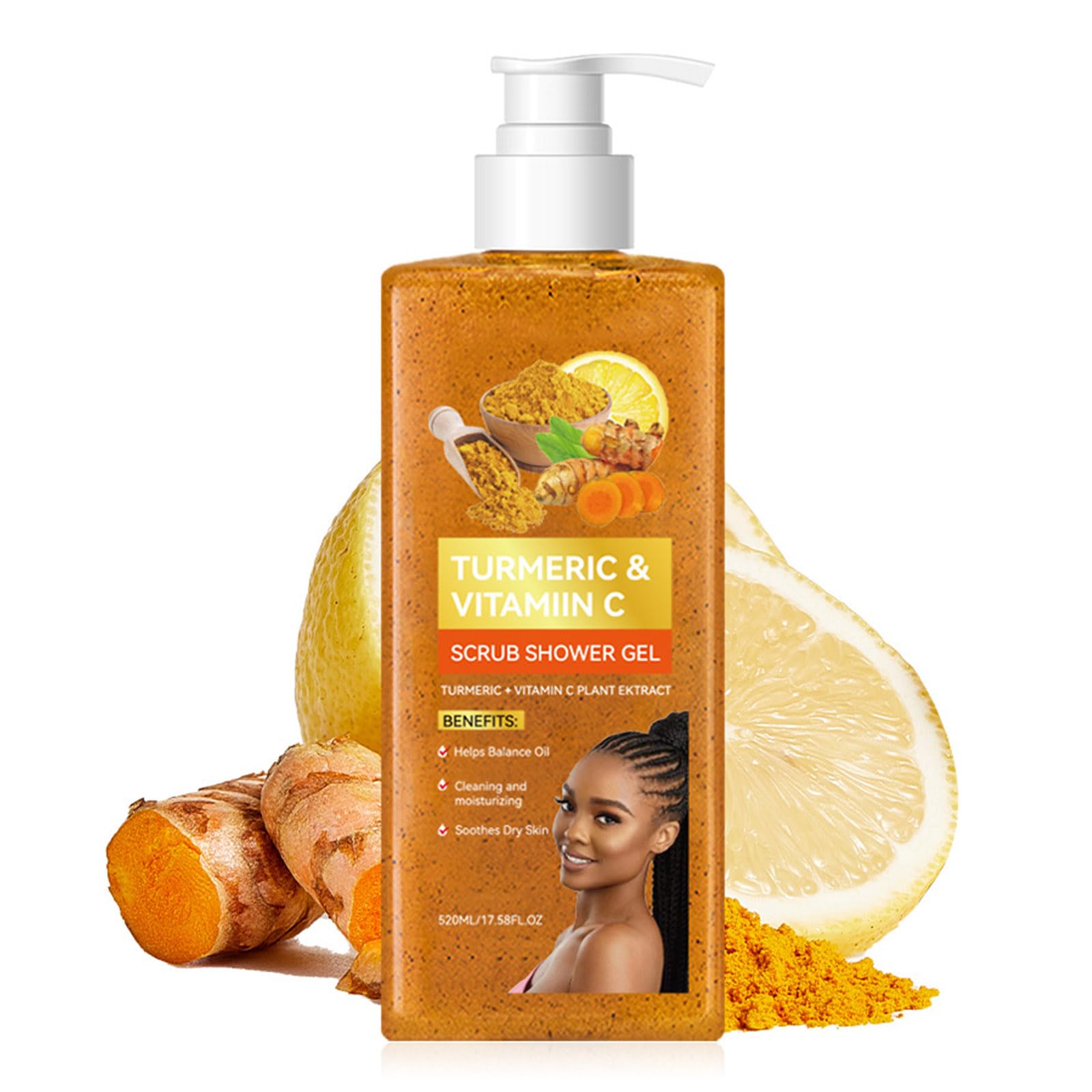 Turmeric and Vitamin C Body Scrub Shower Gel, Acne Exfoliating Body Wash for Men and Women, Turmeric Soap & Scrubber Exfoliator for Cleansing, Hydrating Dry and Rough Skin, 17.58fl.oz/520ml