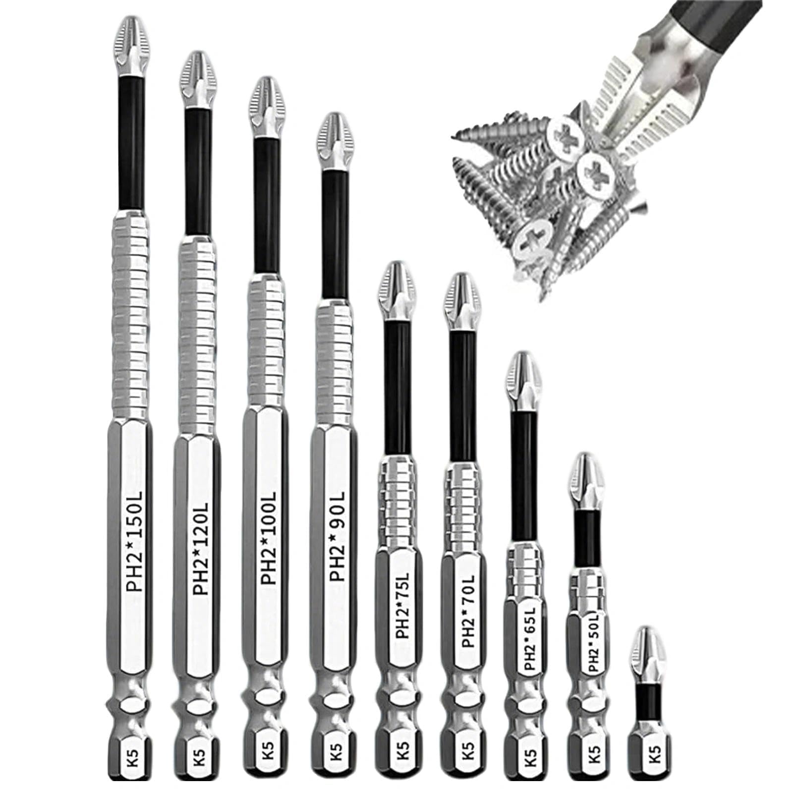 9 Piezas Brocas Puntas Atornillador Imantadas Altamente Magnéticas, Puntas Atornillador Antideslizantes PH2 K5, Resistentes Al Impacto para Taladros Eléctricos Manuales, Juego de Tornillos