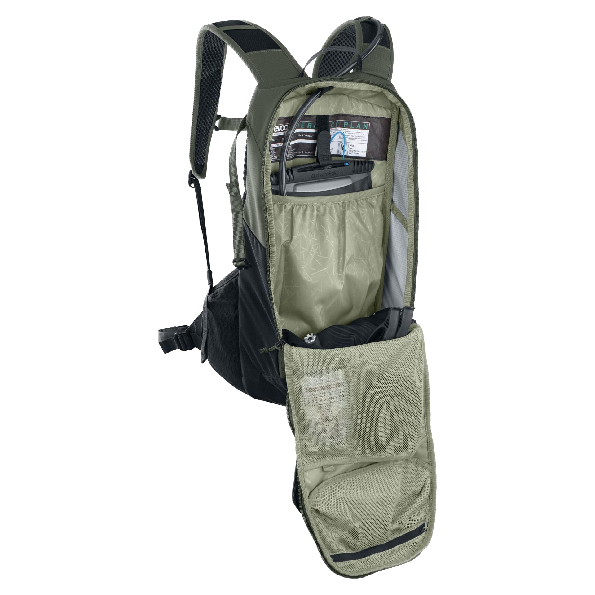 EVOC RIDE 12 Protektor Fahrradrucksack, Trekkingrucksack für Trails & Alltag (cleveres Taschenmanagement, AIR-PAD-Rückenpolsterung, Helmhalterung, Backpack inkl. 2l Trinkblase), Dunkeloliv/Schwarz