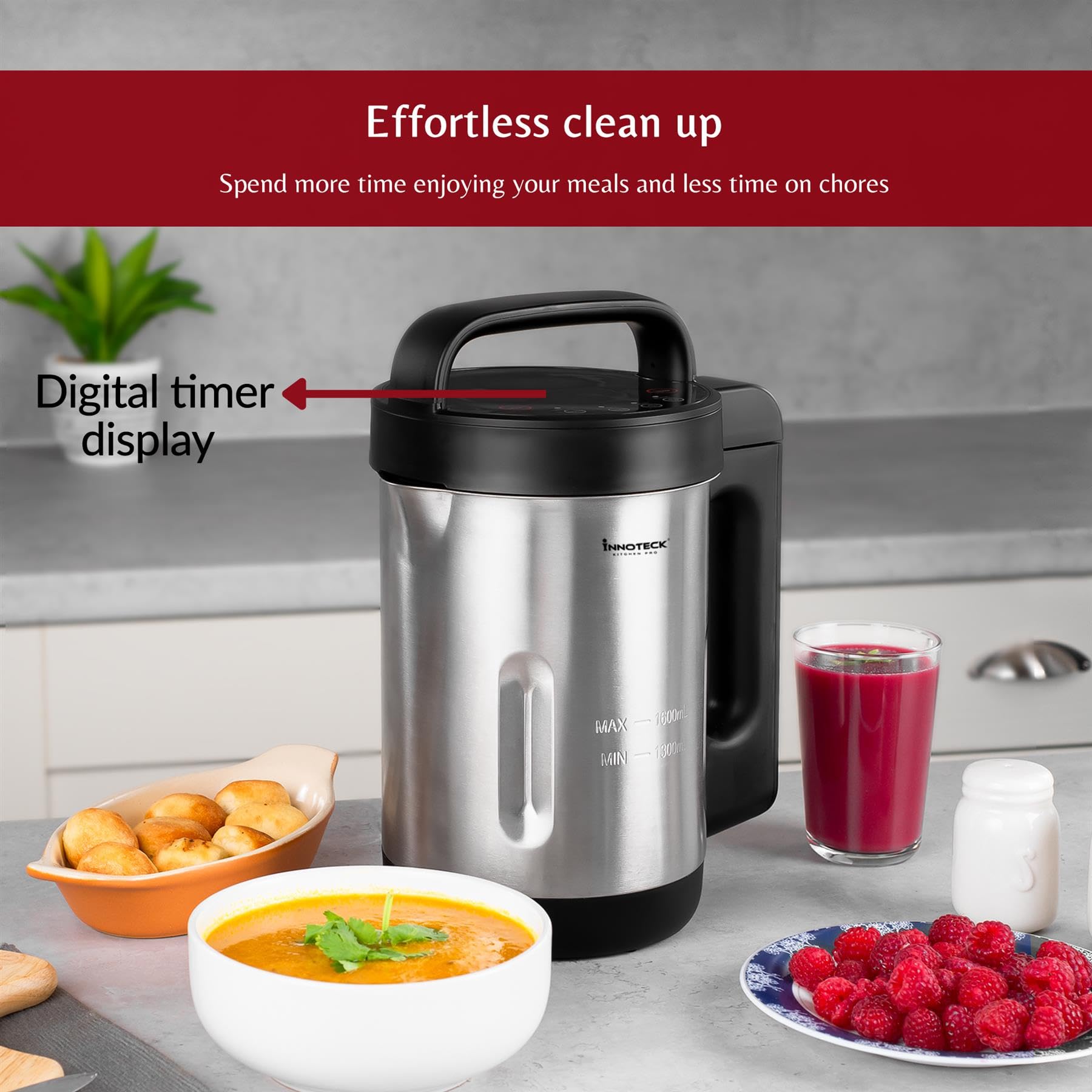Innoteck Kitchen Pro Machine à soupe avec pichet en acier inoxydable – Idéal pour une soupe lisse, épaisse ou un smoothie sain – 4 fonctions prédéfinies – Affichage numérique de la minuterie –