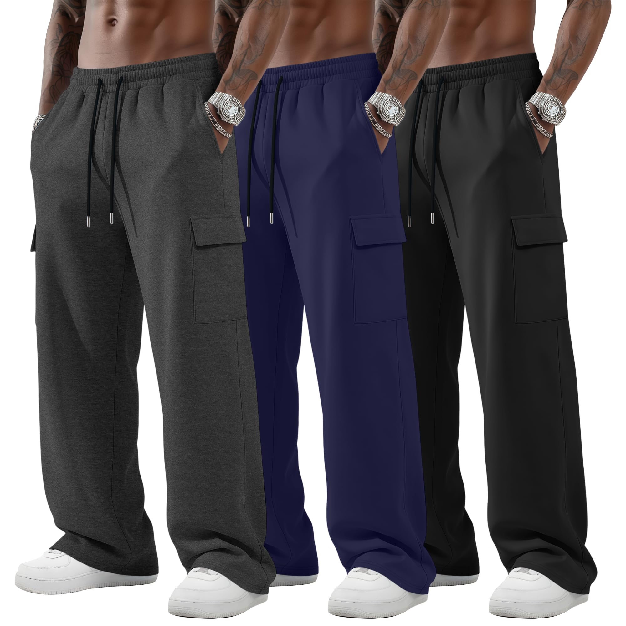 Neer 3 Pack Mens Big and Tall Cargo Sweatpants Baggy Wide Straight Leg Lightweight Open Bottom Drawstring Pants