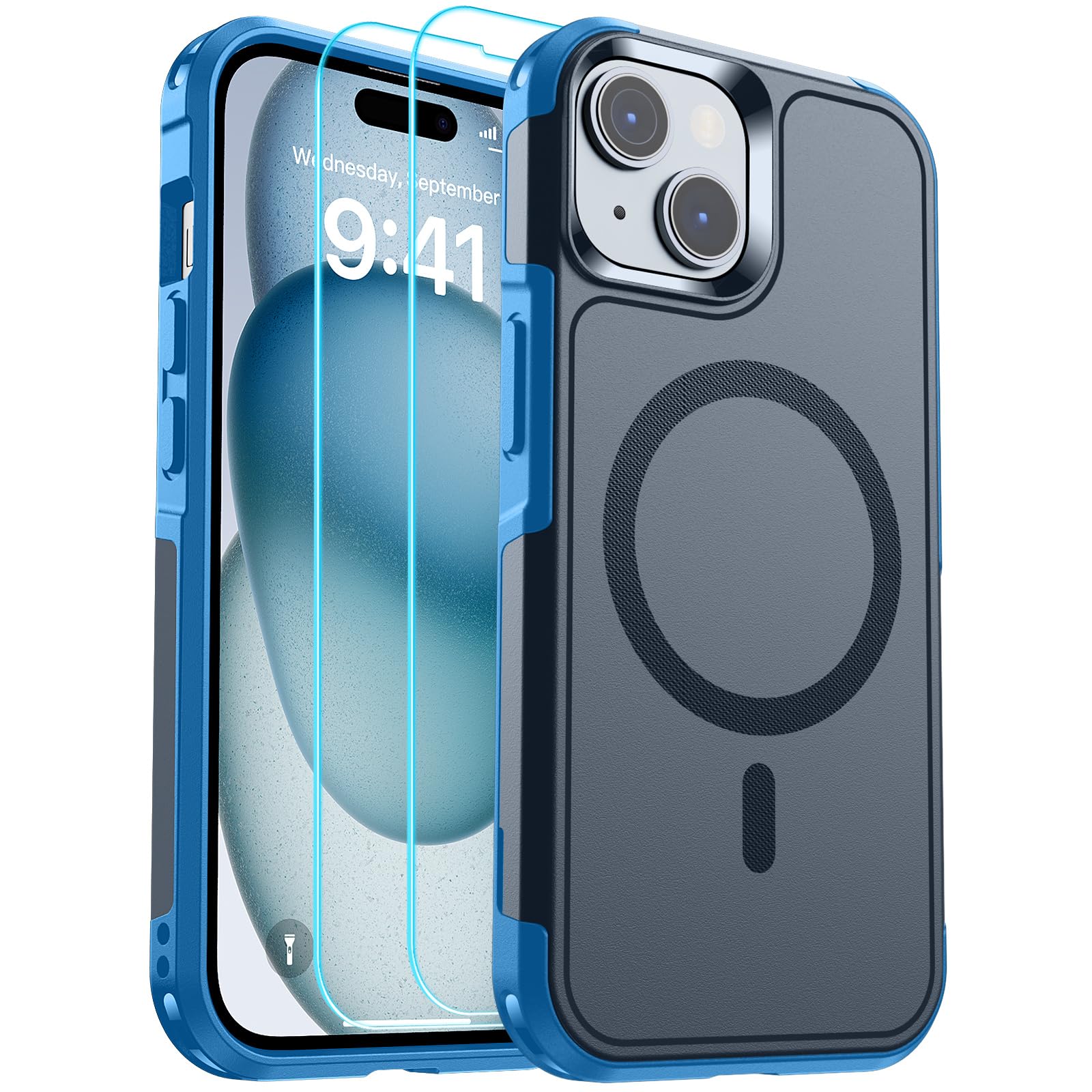SUPFINE Magnetic for iPhone 15 Case, [Compatible with MagSafe] [15FT Military Grade Drop Protection] [2pcs Tempered Glass Screen+Camera Lens Protector