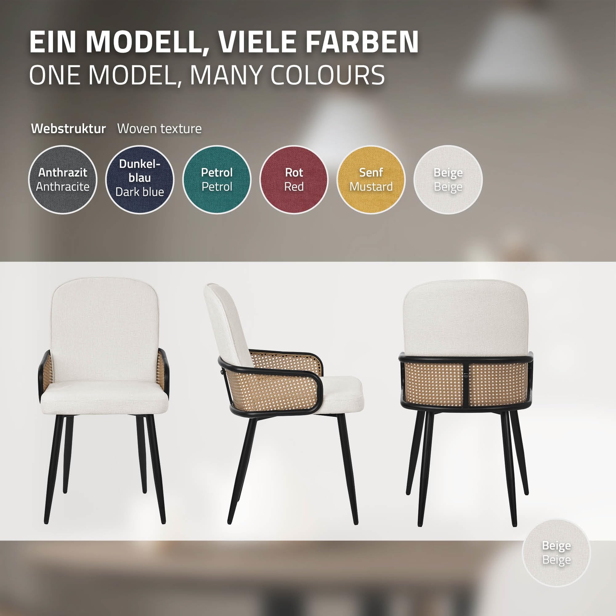 ML-Design Juego de 2X Sillas de Comedor con Funda de Tela Beige, Asiento de Salón con Respaldo, Reposabrazos con Aspecto de Ratán Mueble Tapizado con Patas de Metal, Sillón Ergonómico de Cocina