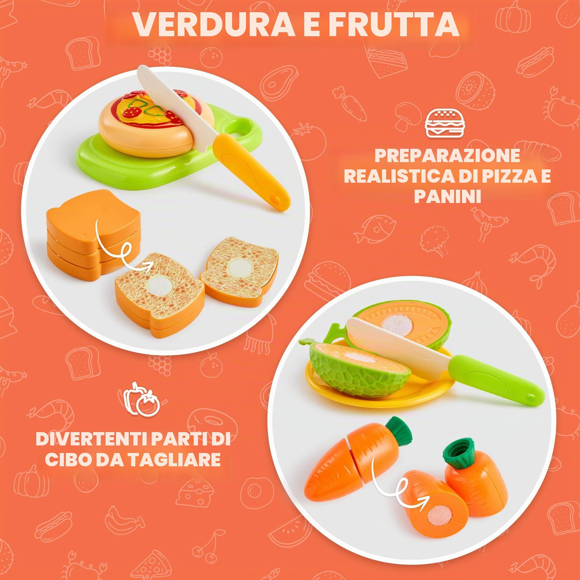 JOYIN 68 Pezzi Giocattolo da Taglio per Cucina per Bambini, Cibo Finto per Cucina da Gioco, Include Frutta e Verdura in Plastica, Cesto Portaoggetti, Giocattoli Finti, Regali per Bambini