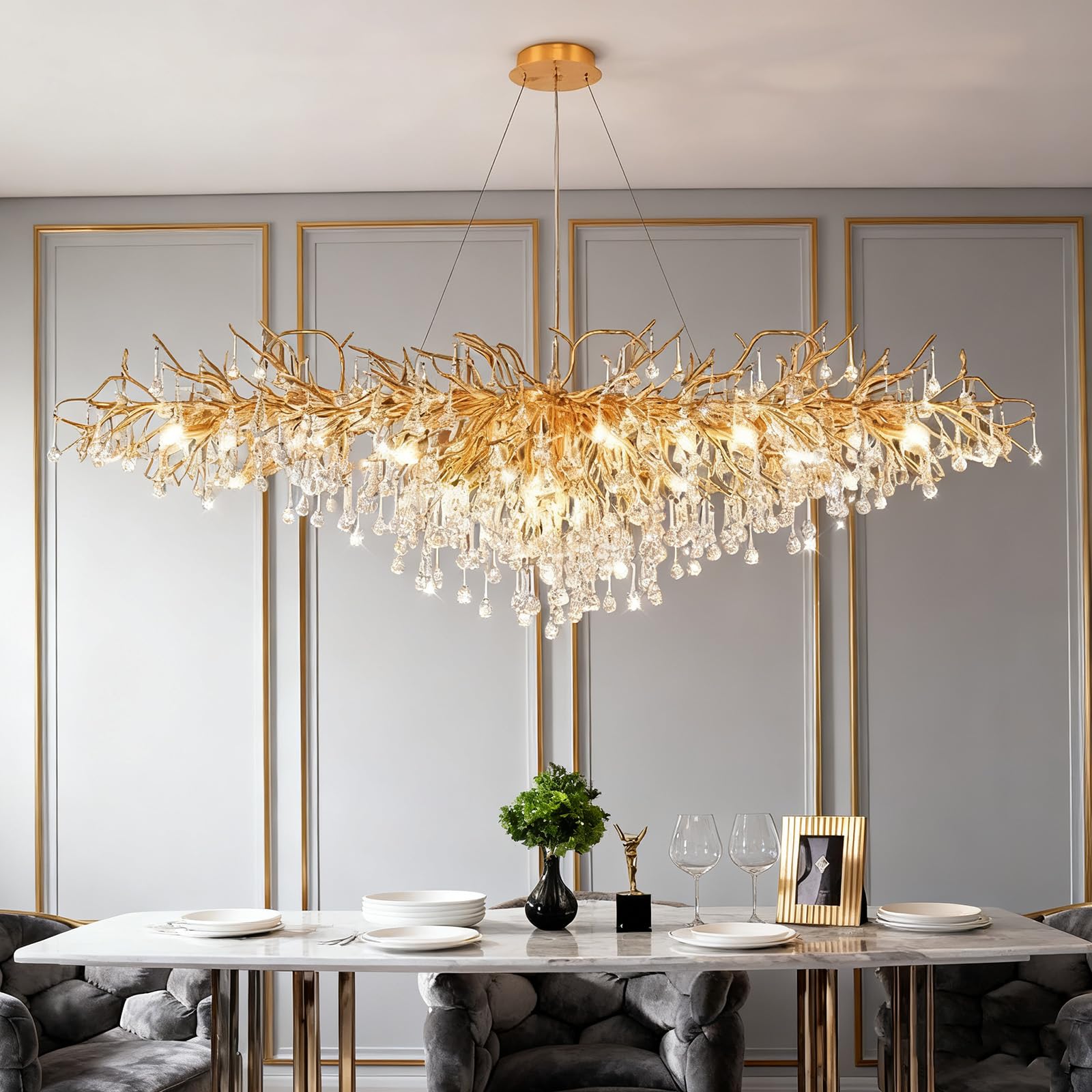 KXEcoLife Modern Crystal Chandeliers, Luxury Tree Branch Chandelier Hanging Light Fixtures, Raindrop Chandeliers for Dining Room,Living Room,Rectangular 140cm