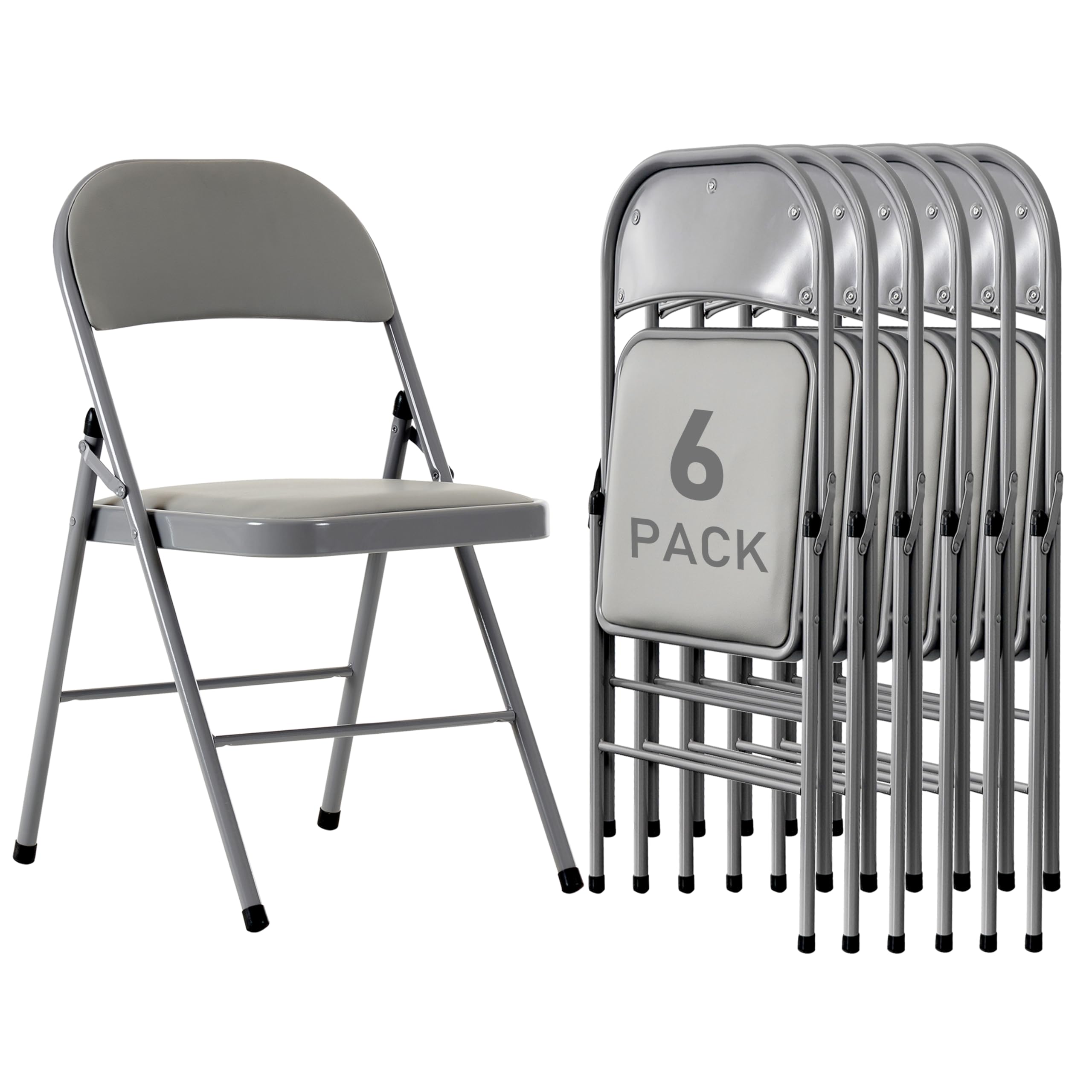 6 Pack Gray Folding Chairs with Padded Cushion and Back for Outside Portable Stackable Commercial Foldable Chairs with Steel Frame for Events Office Wedding Party, 330lbs Capacity
