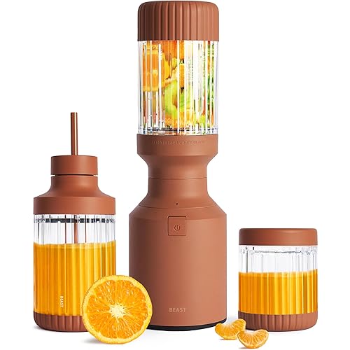 The Beast Mini Blender Plus | Mini Countertop Kitchen Blender | Blend Smoothies and Shakes, Dressings, Sauces, Dips | Extra Vessels, Straw Cap and Straws Included | 600W (Terra)