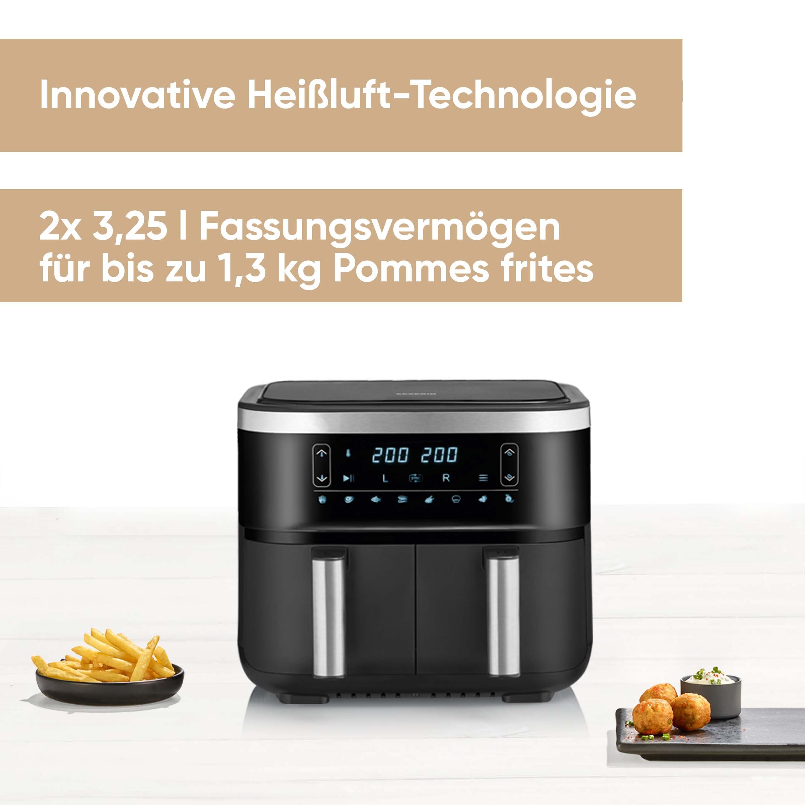 SEVERIN Doppel Heißluftfritteuse mit 2 x 3,8 L Garraum, XXL Heißluftfritteuse für gesundes Kochen, 8 Automatik-Programme, Fritteuse ohne Fett mit Dörrfunktion, 2850 W, schwarz/silber, FR 2453