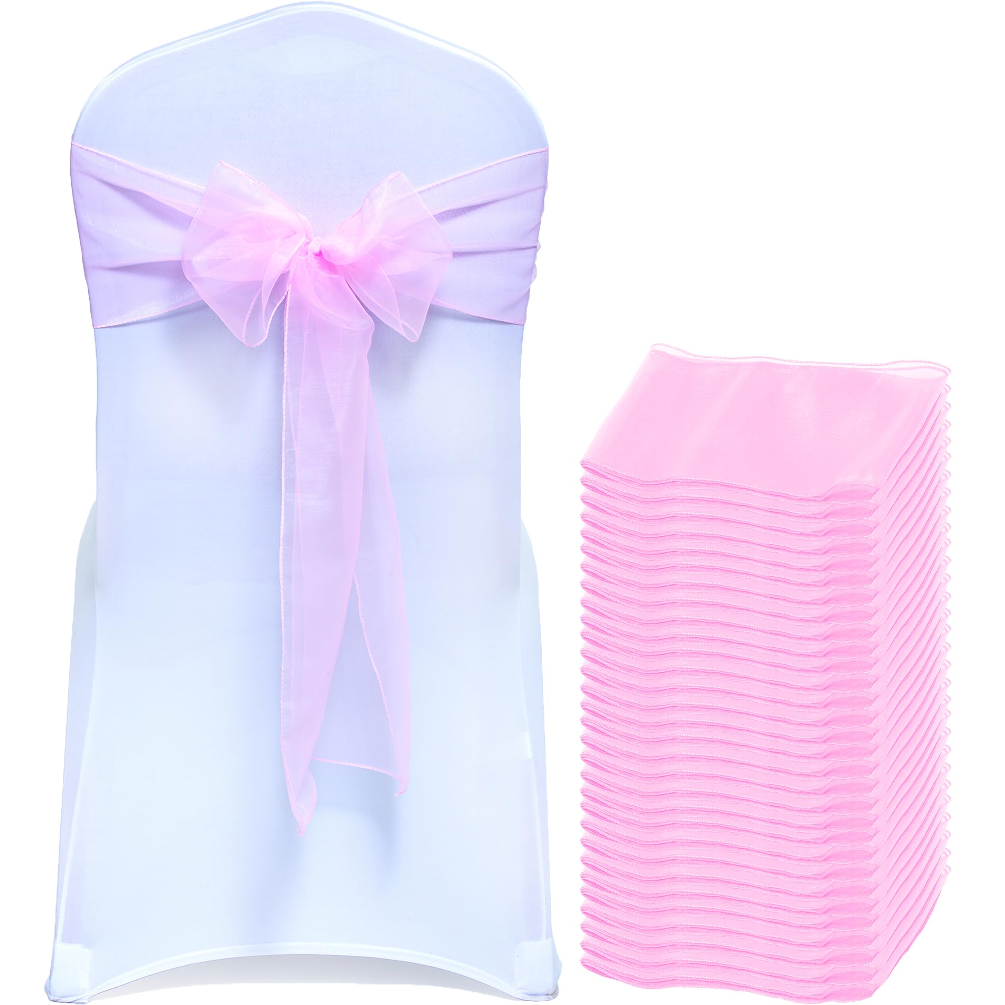 EDecor Pack of 200 Organza Chair Sashes for Wedding & Party Decorations – Reusable Sheer Chair Bows Tie Back for Banquet Chairs, Bridal Shower, Birthday, Reception Event Styling Décor - Pink