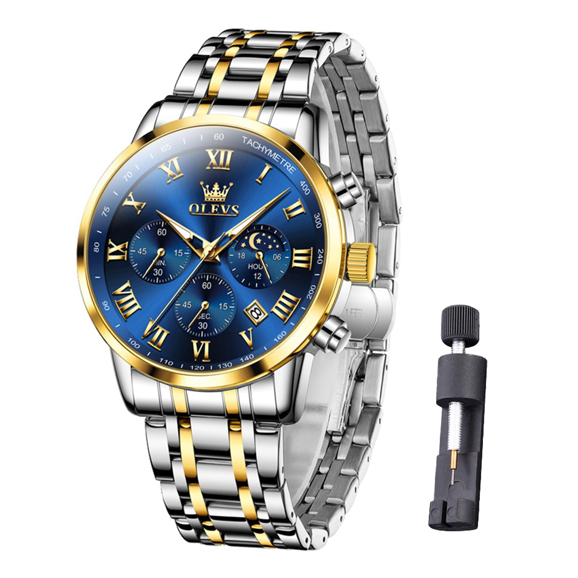 Orologio Uomo Cronografo e Fase Lunare in Acciaio Inossidabile | Orologio analogico al quarzo, impermeabile fino a 3 ATM, dal design elegante e classico, disponibile in bianco, nero e blu
