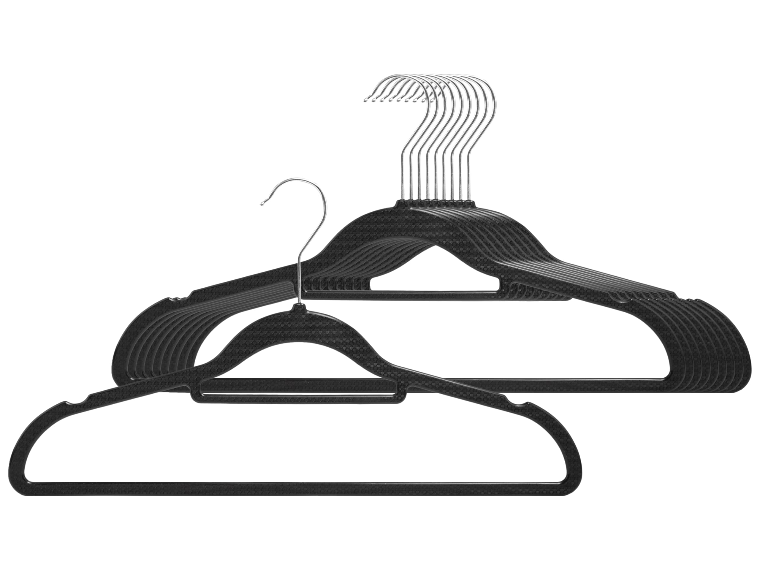 Perchas Ropa Negras de Plástico, Paquete de 20, Gancho Metálico Giratorio de 360°, Antideslizantes y Ahorro de Espacio, Flexibles y Resistentes para Camisas y Vestidos de Noche