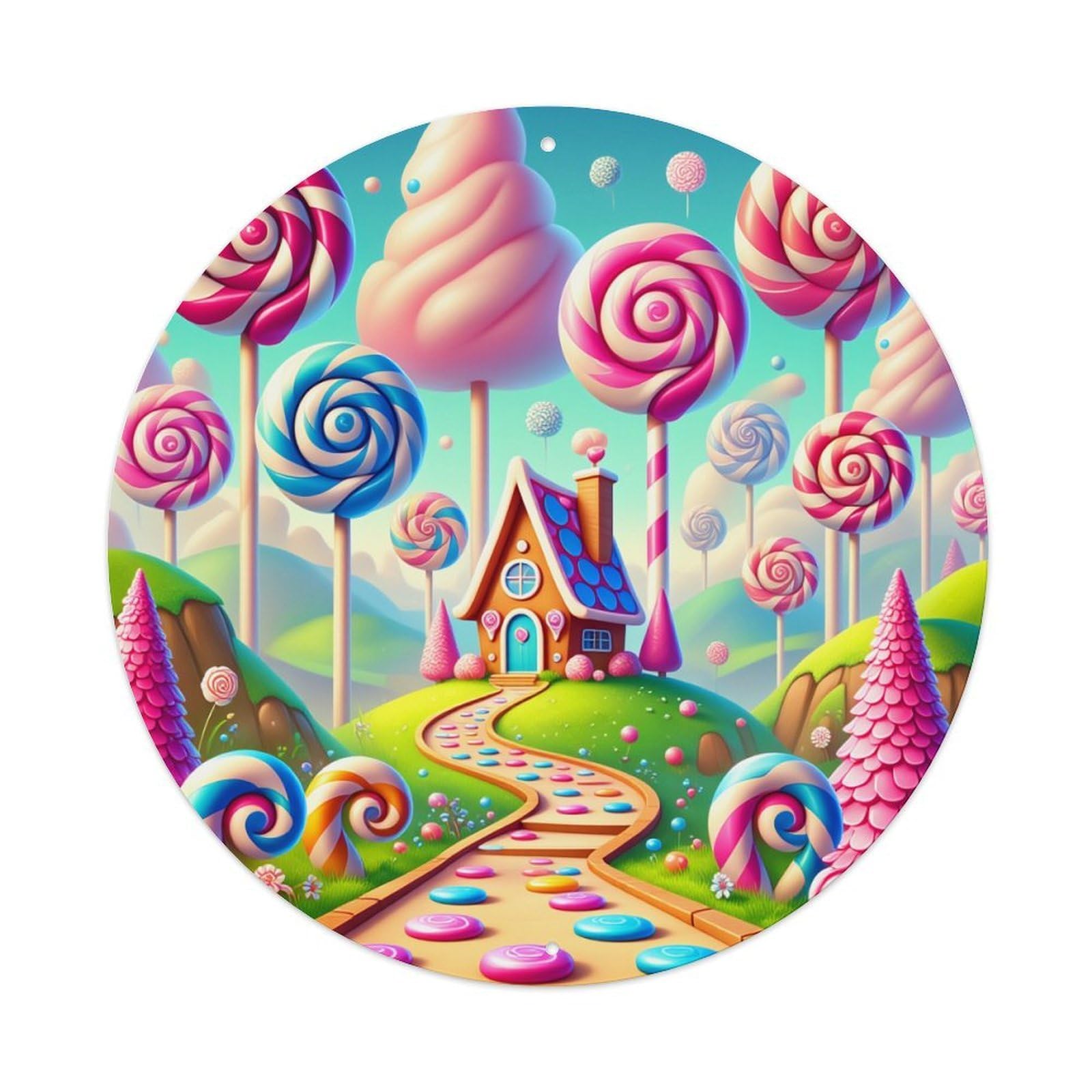 Candy Land Whimsical Sweet Fantasy Round Tin Sign Vintage Metal Poster, Home Bar Garage Man Cave Cafe Indoor & Outdoor Wall Decoration 8x8Inches