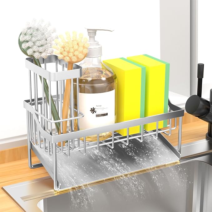 Kitchen Sink Caddy Sponge Holder for Kitchen Sink with Brush Holder, Kitchen Sink Cocina Organizer and Storage Dish Soap Sponge Caddy with Auto Stainless Steel Draining Tray