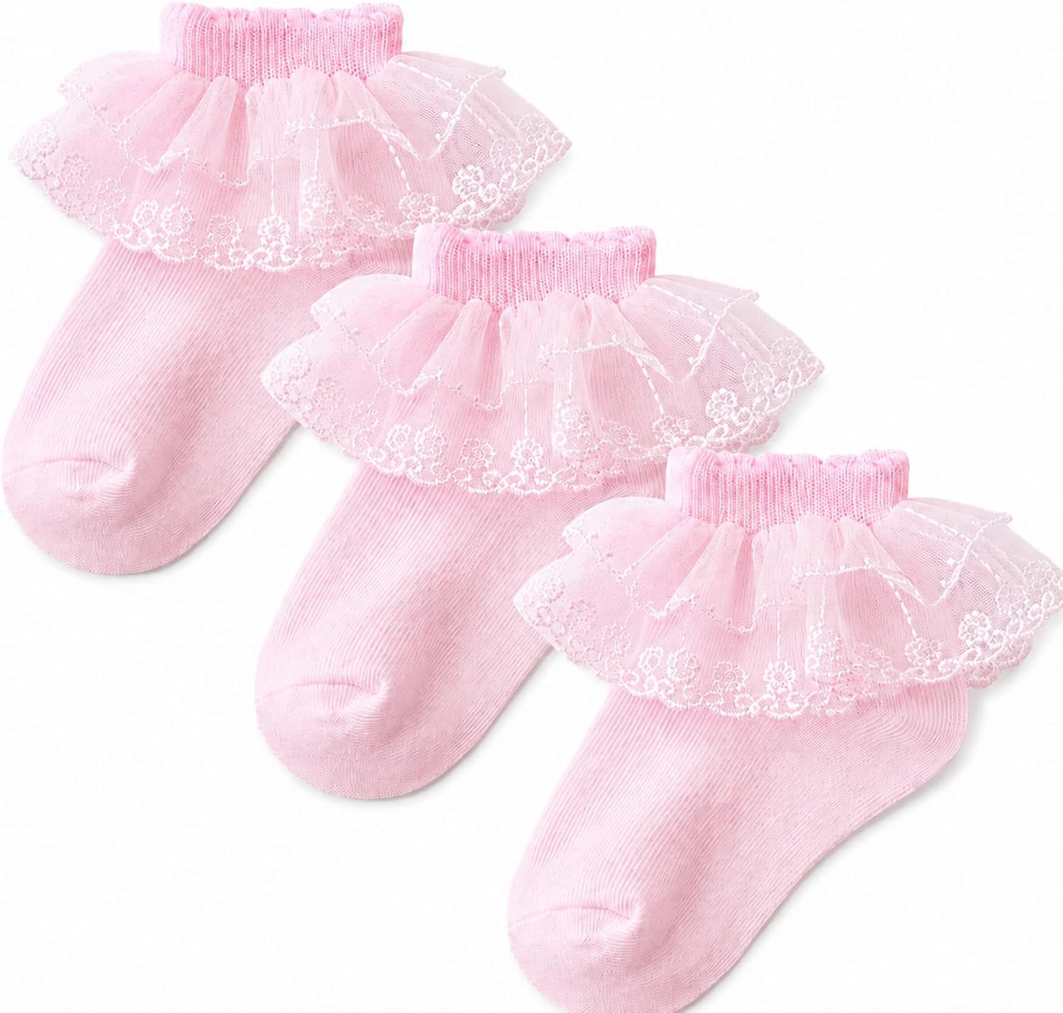 VIKITA Girls Rainbow Socks - 3 Pairs Ruffle Lace Socks,Cotton Ankle Socks for 2-12 Years