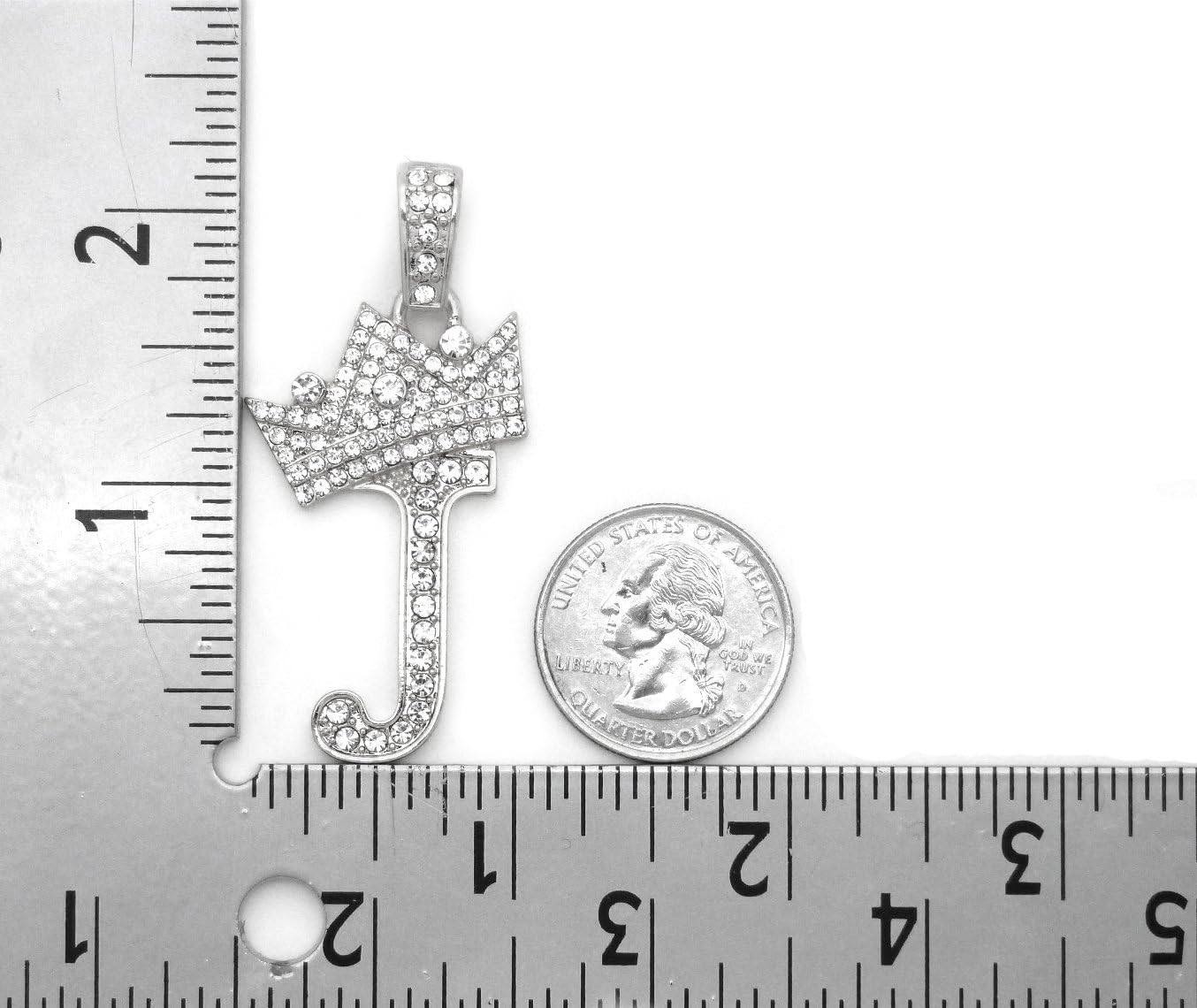 Fashion 21 Iced Out King Crown Alphabet Initial Pendant 2mm 24" Box Chain Necklace in Gold, Silver Tone (J - Silver)